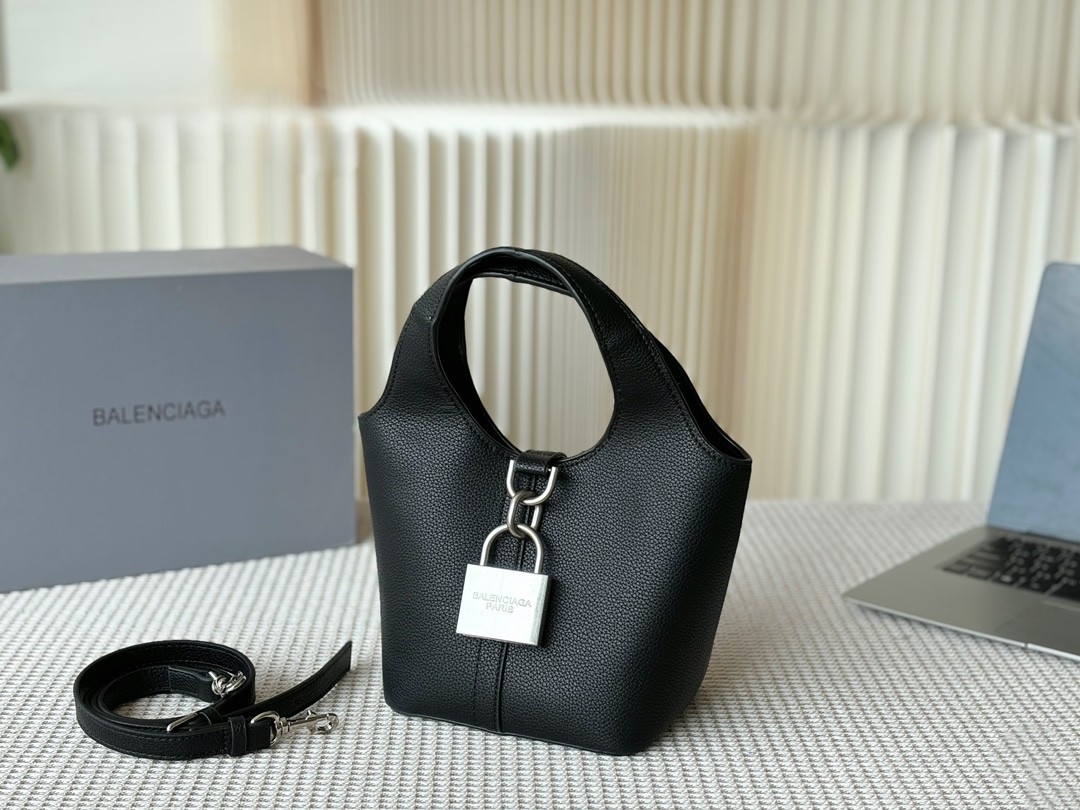 Balenciaga Grained Leather Padlock Tool 2.0 Silver Locker Hobo Bucket With Strap Tote Bags - KAIROO