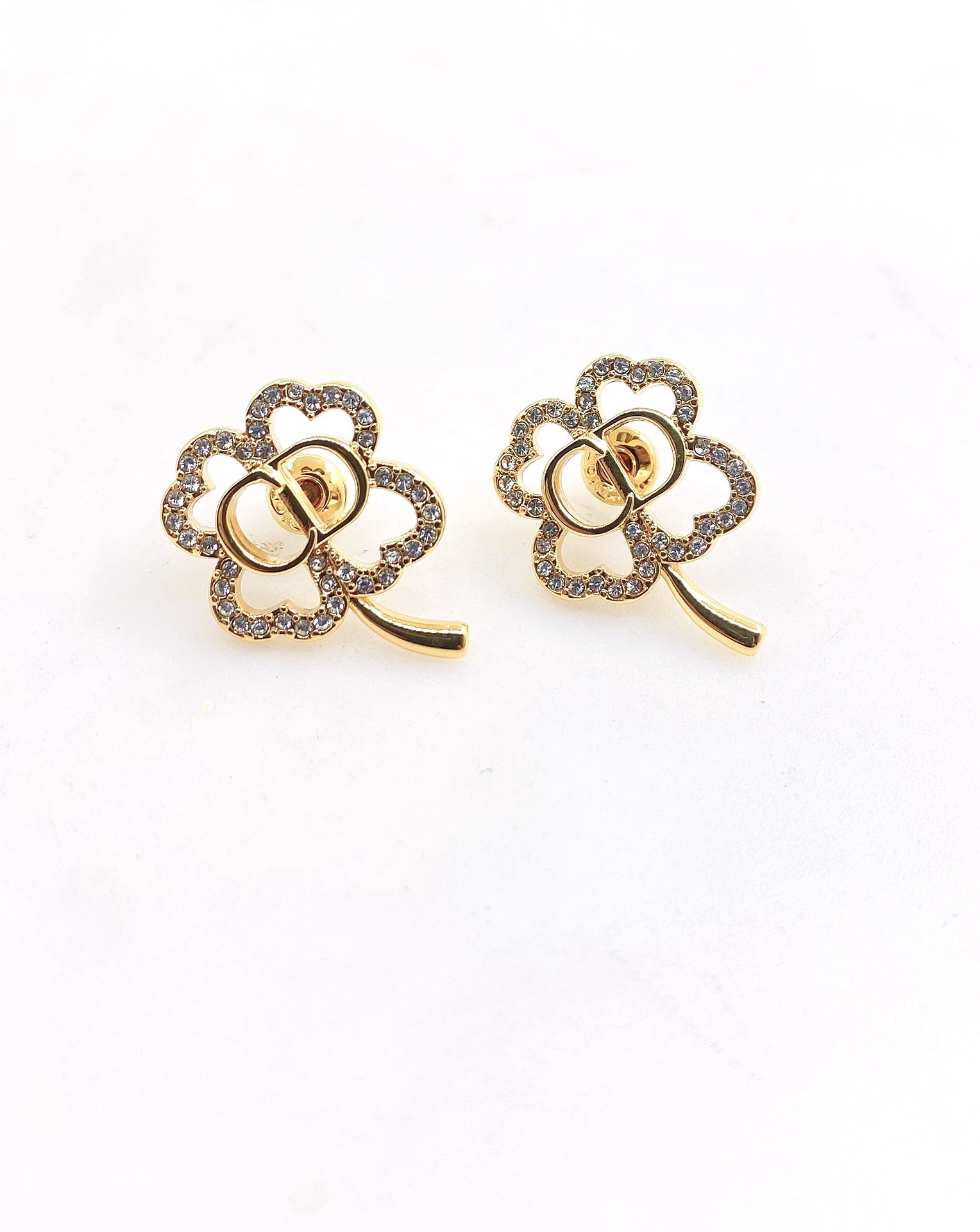 DIOR White Gold Full Pave Hollow Flower Stud Earrings