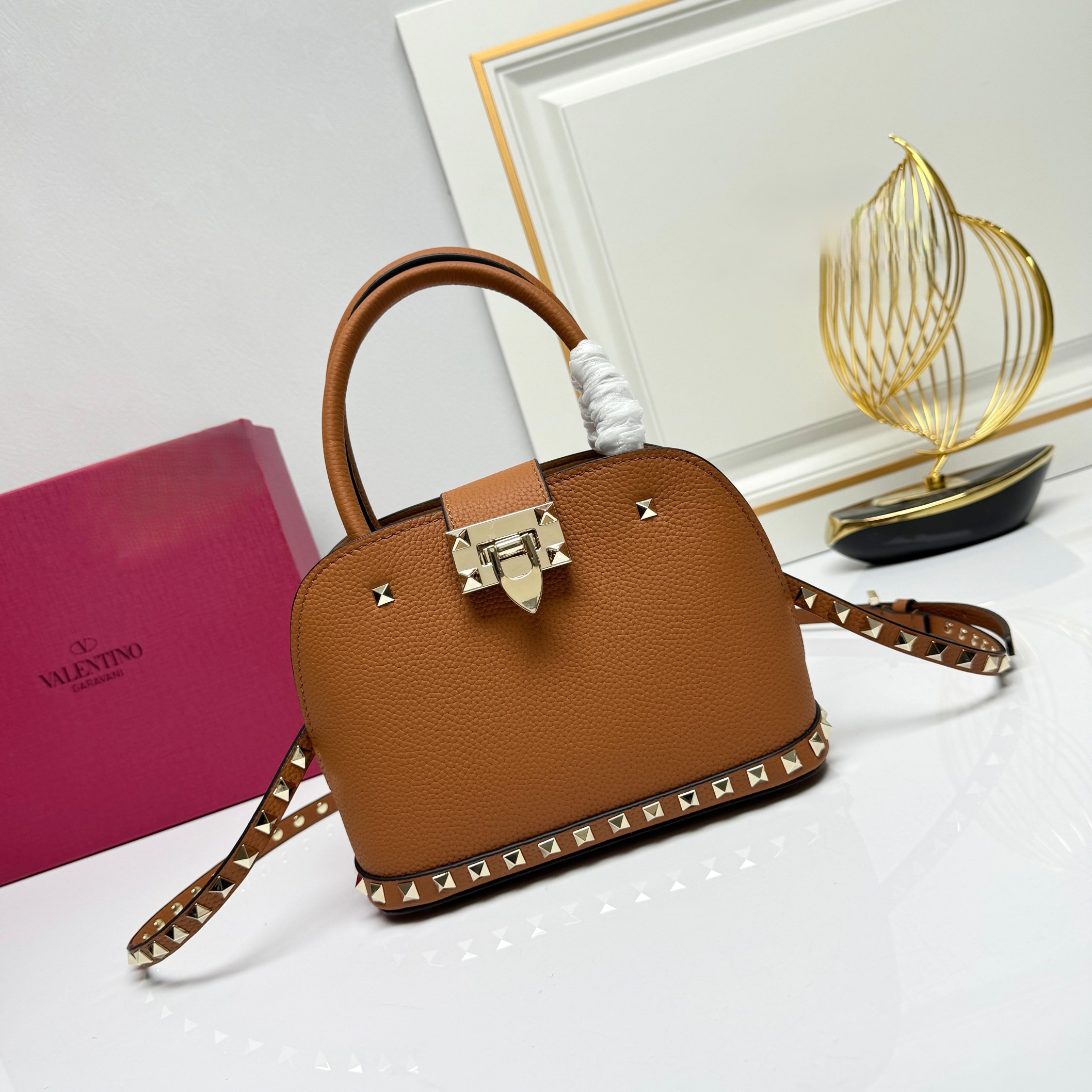 Valentino Rockstud Tan Grained Leather Studded Flip-lock Handle Crossbody Dome Bag - KAIROO
