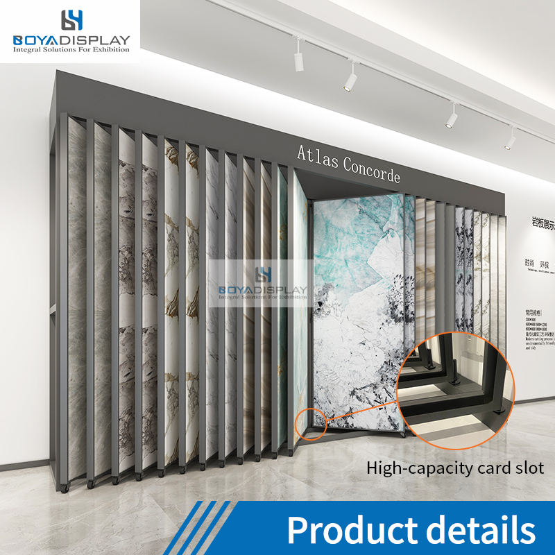 Custom Granite and Marble Tile Display Stand Independent Framed Rock Plate Flip Display Stand with Wheels