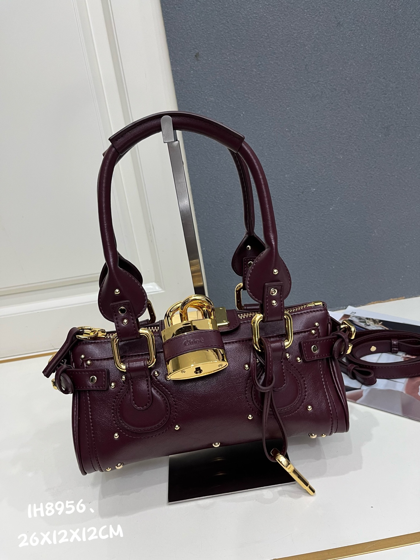 Chloe Paddington Burgundy Mini Oversized Rivet Padlock Key Smooth Leather Hobo Top Handle Bag - KAIROO