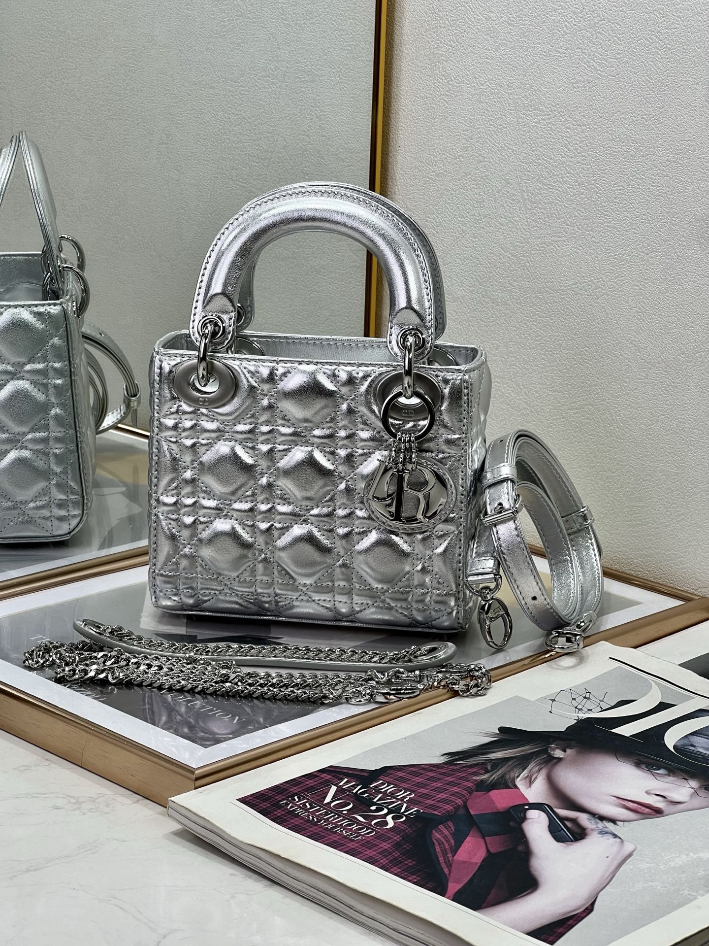 Mini Lady Dior Bag in Metallic Silver Cannage Lambskin