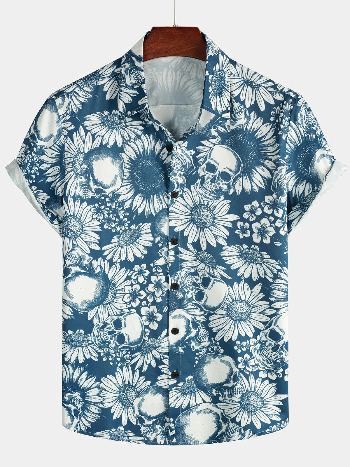 Men's Blue Skull Sunflower Rock and Roll Hawaiian Short Sleeve Shirt