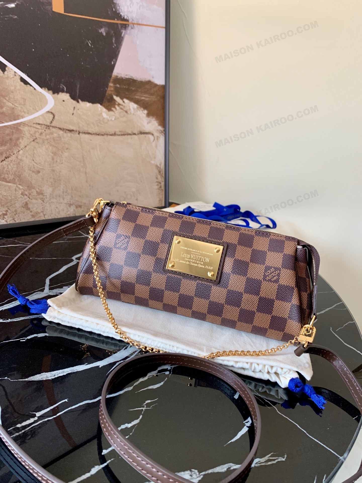 Louis Vuitton LV Pochette Eva Damier Ebene Canvas Gold Plate Horizontal Baguette Hobo Shoulder Bag - KAIROO