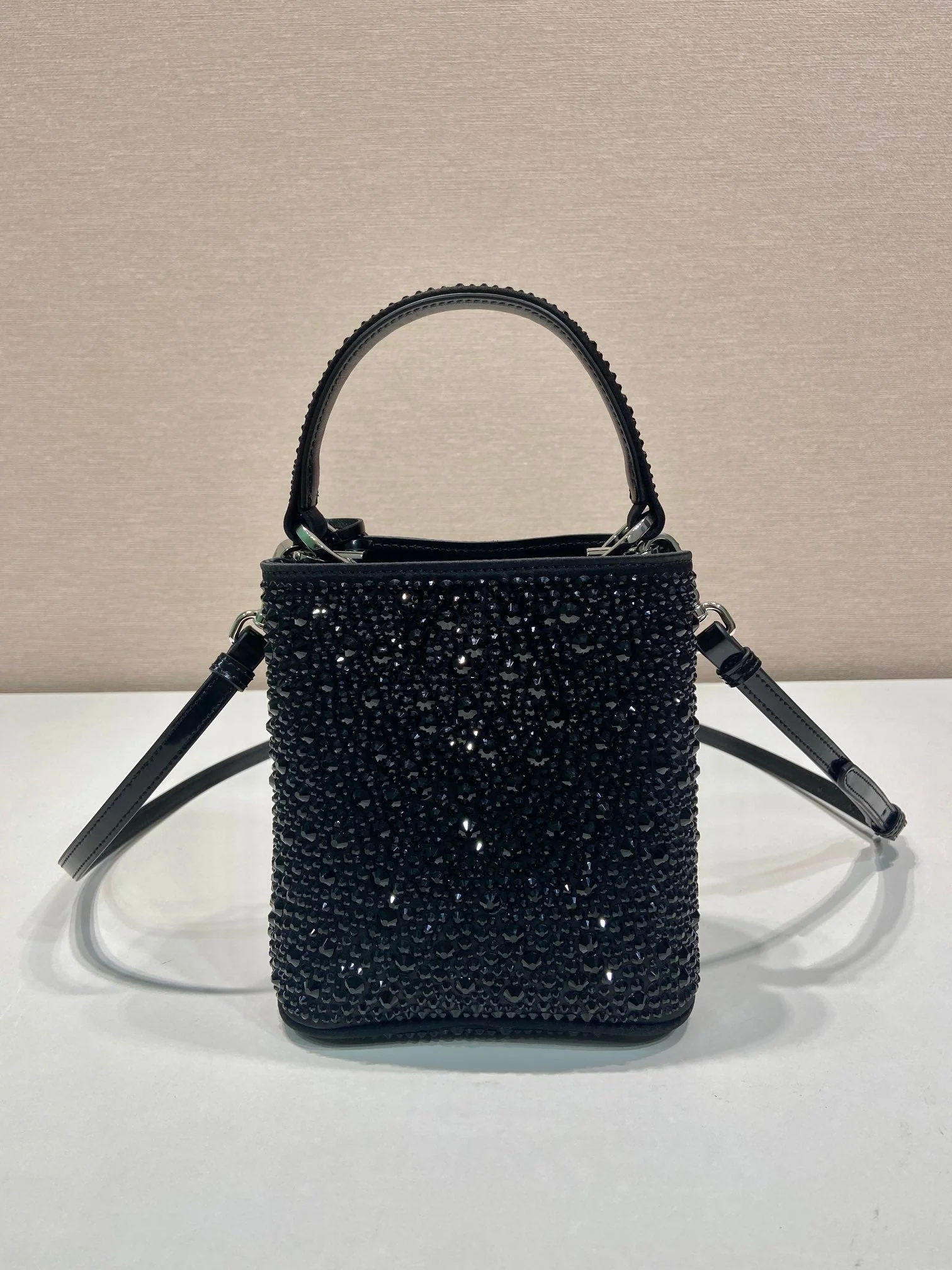 Prada PANIER BUCKET BAG 16 IN BLACK CALFSKIN ATTACHED FULL CRYSTALS