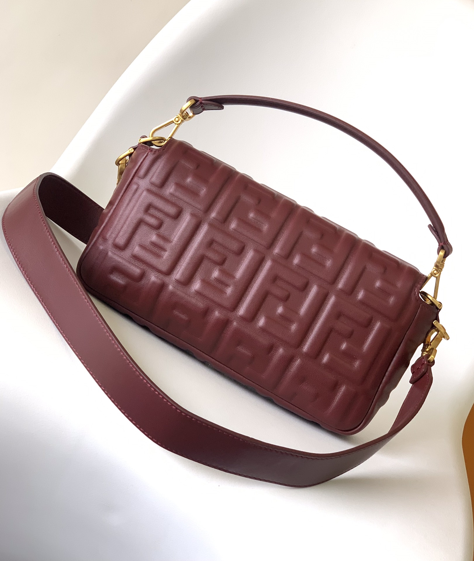 Fendi Medium Baguette FF Embossed Leather Bag-Burgundy