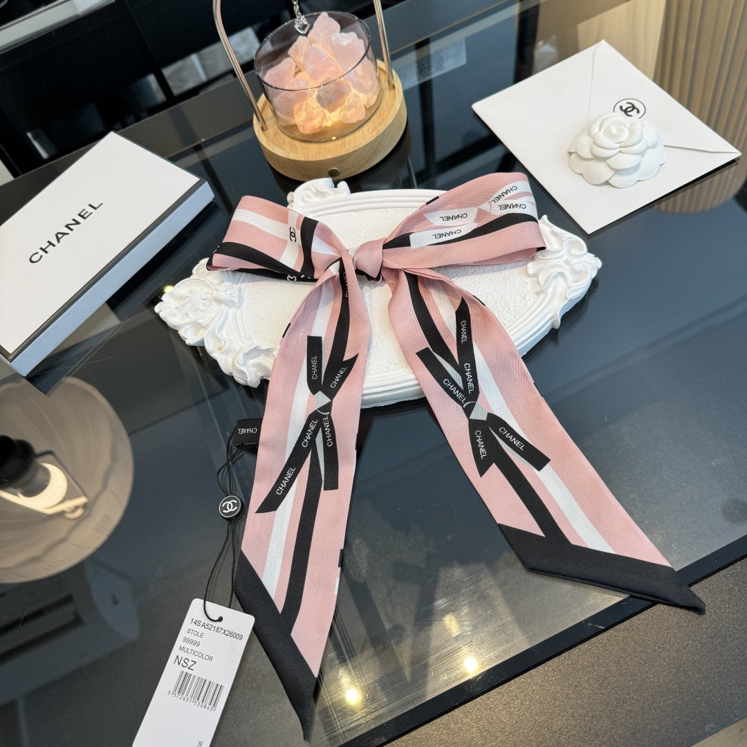 Chanel Twilly Pink & Black Plaid Pattern Double-Sided Silk Twill Slim Scarf with CC Logo - KAIROO
