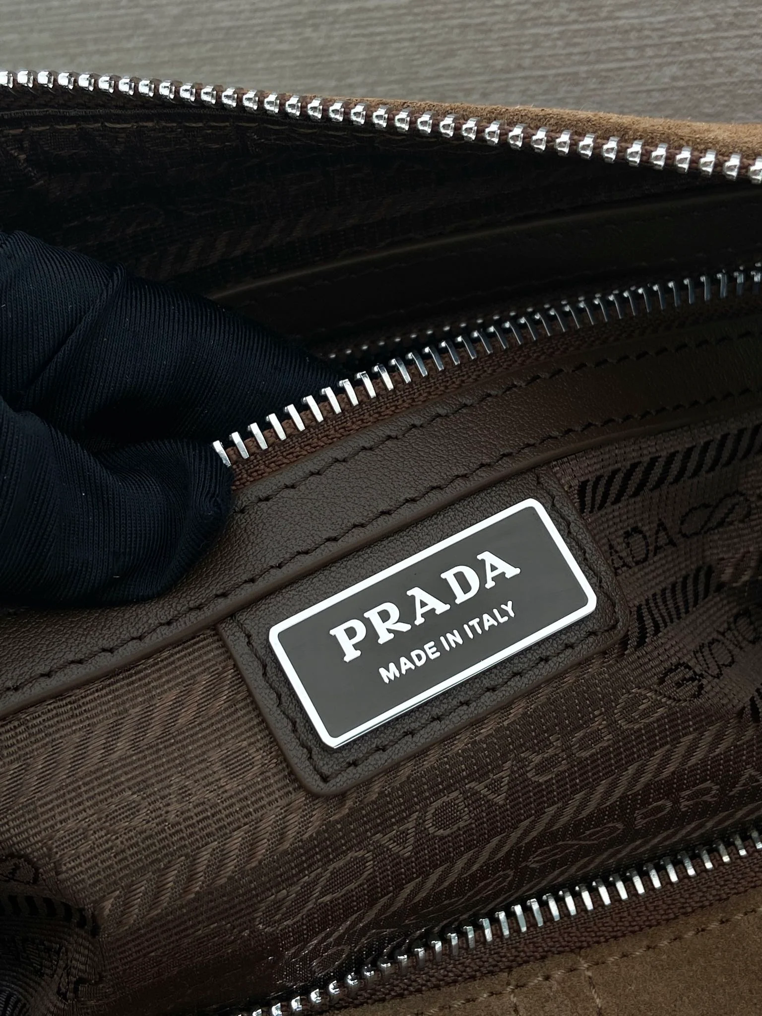 Prada HOBO BAG 35 IN GINGERBREAD SUEDE SILVER LOGO