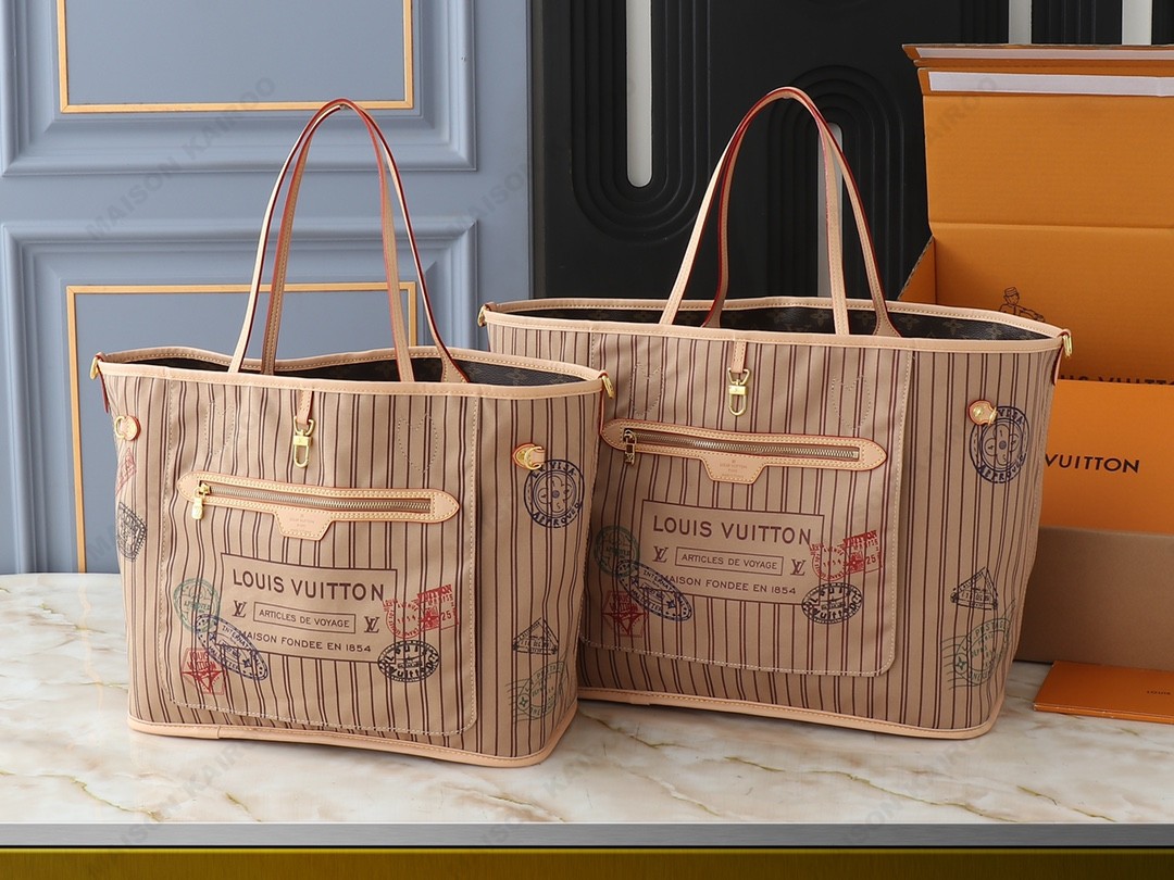Louis Vuitton LV Neverfull Inside Out MM&GM Stamp Print Striped Canvas Strap Reversible Tote Bag With Pouch - KAIROO