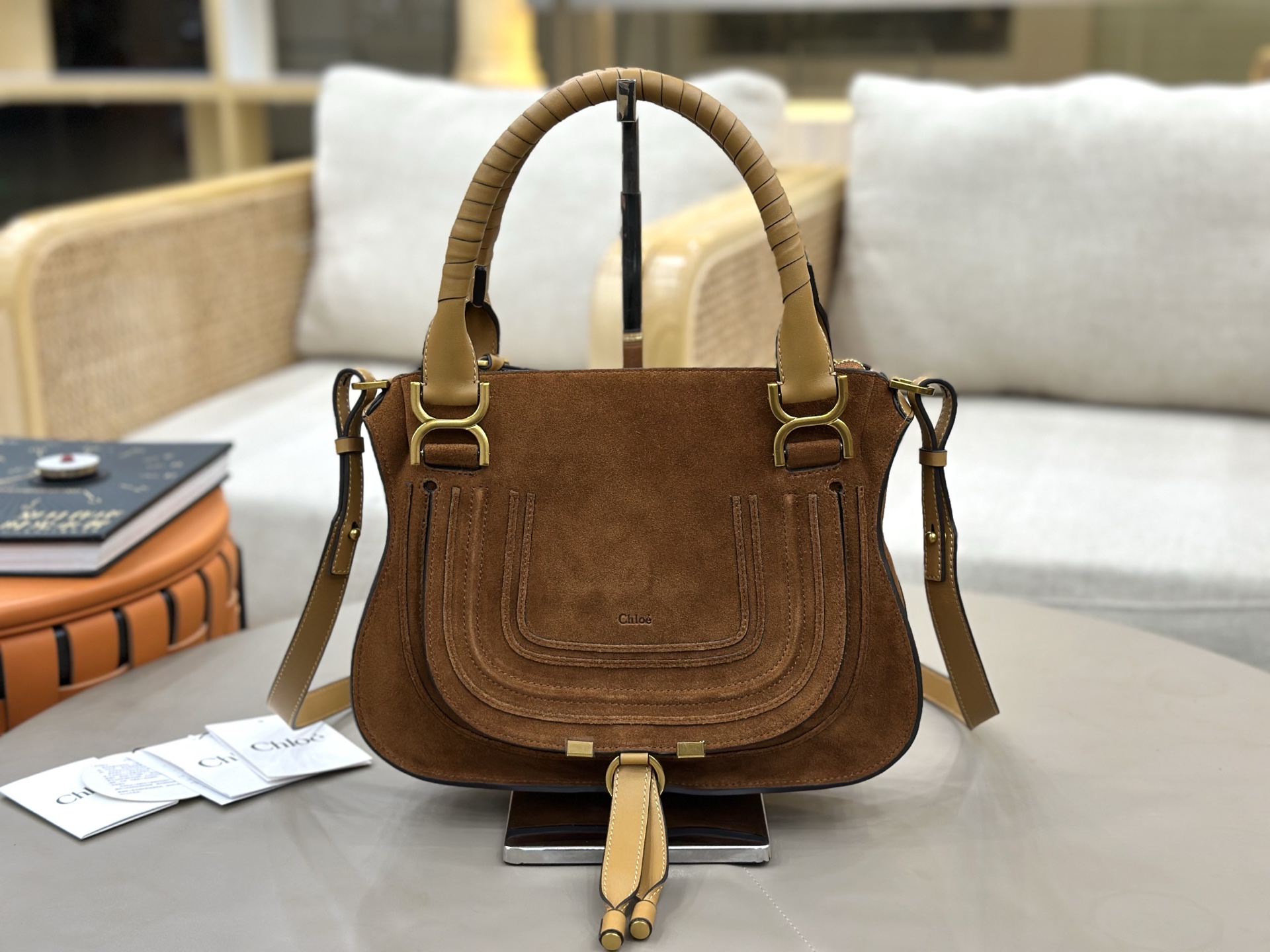 Chloe Small Marcie Bag in Suede Leather-brown