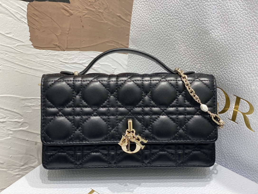 Miss Dior Chain Wallet/Clutch in Black Cannage Lambskin