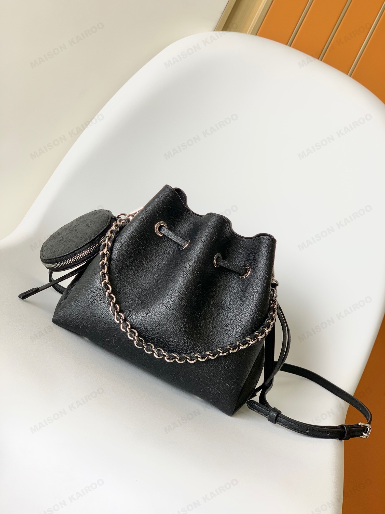 Louis Vuitton LV Mahina Bella Black Dense Perforated Monogram Leather Drawstring Bucket Handle Shoulder Bag - KAIROO