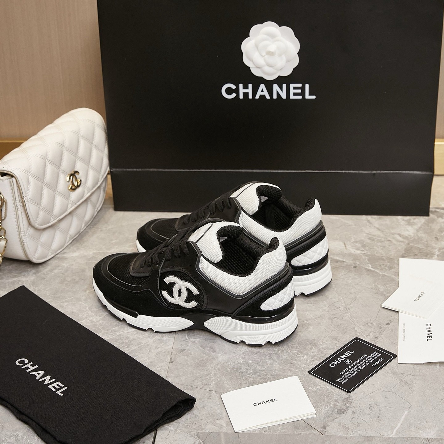 Chanel Panda Black Bicolor Mesh Suede Leather CC Logo Low Top Runner Sneakers - KAIROO