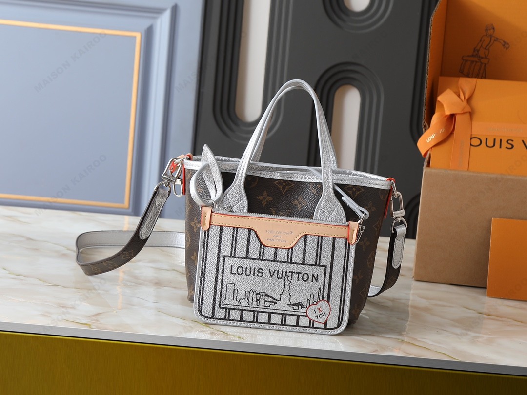 Louis Vuitton LV Neverfull Inside Out BB/MM Silver Striped Cityscape & Heart Label Reversible Tote Bag - KAIROO