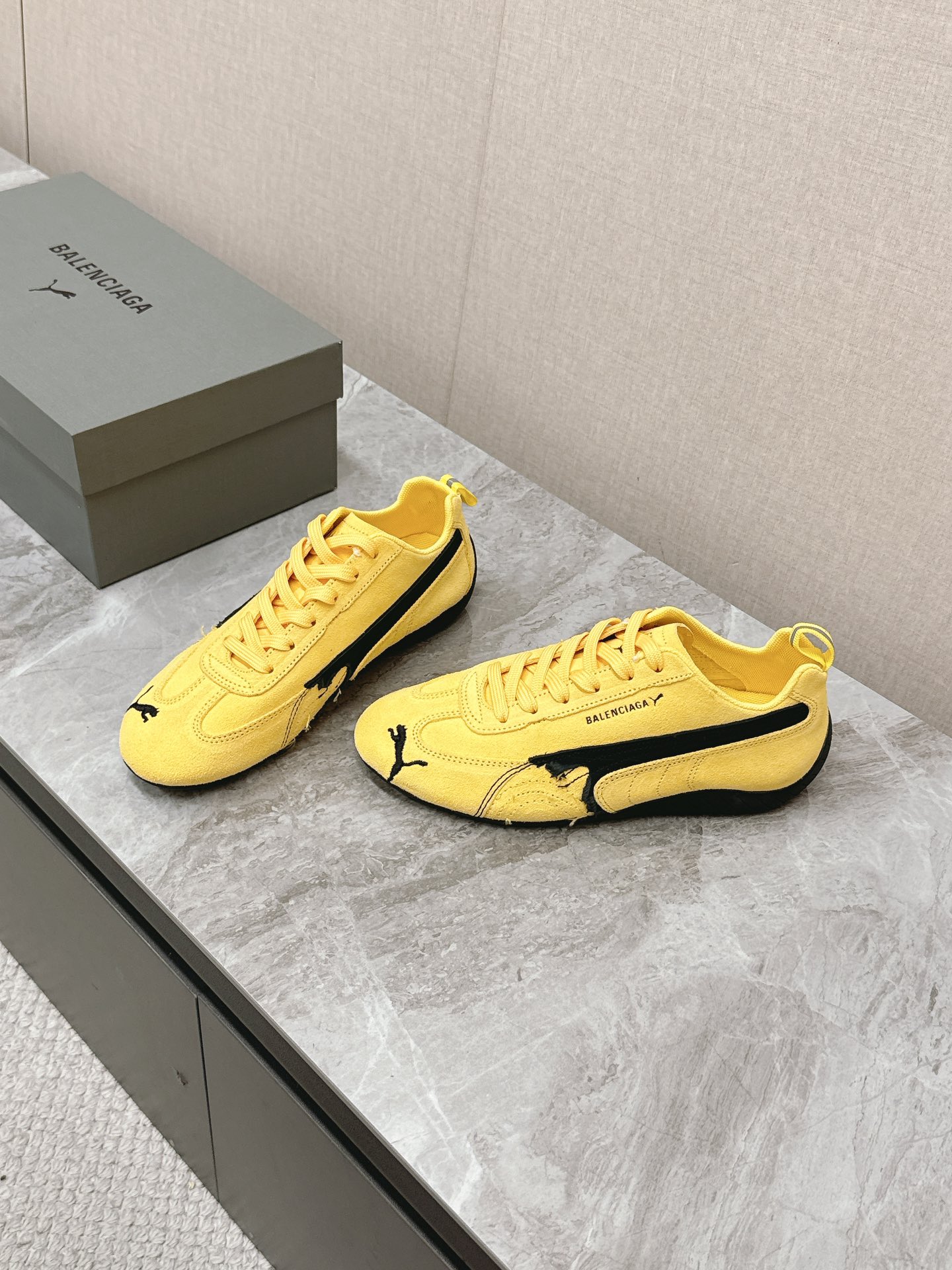 Balenciaga x Puma Yellow Worn-Out Broken Logo Leather Suede Speed GAT Sneakers - KAIROO
