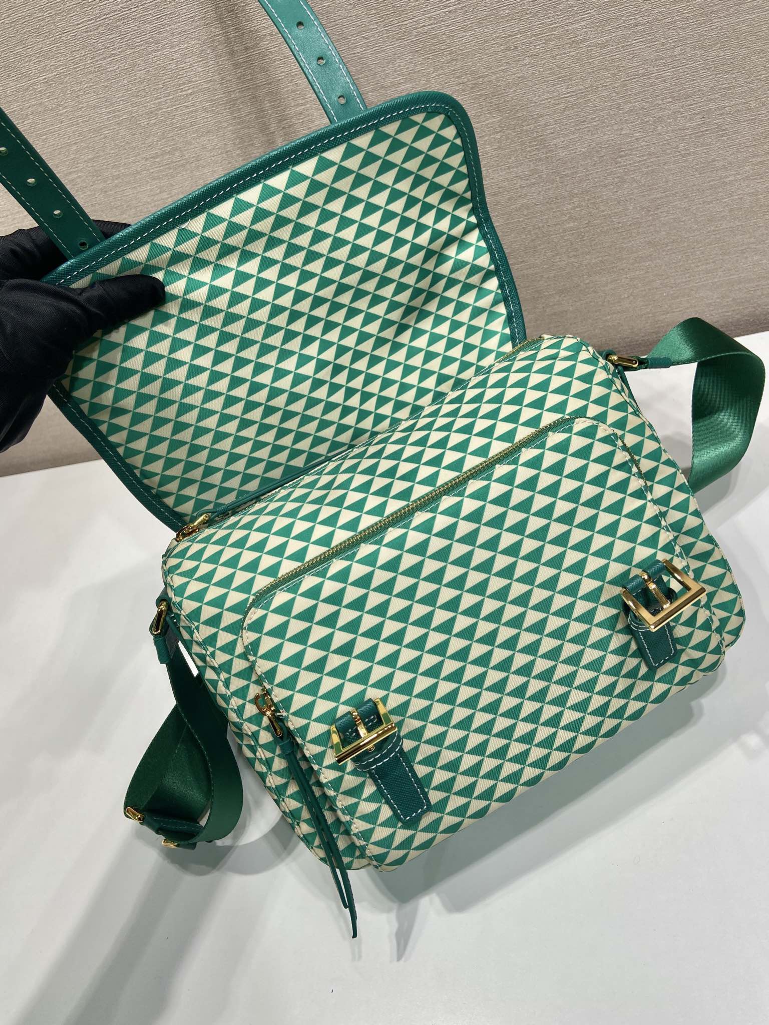 Prada MESSENGER BAG 25 IN FOREST GREEN MIX CREAM TRIANGLE PATTERN EMBROIDERED FABRIC