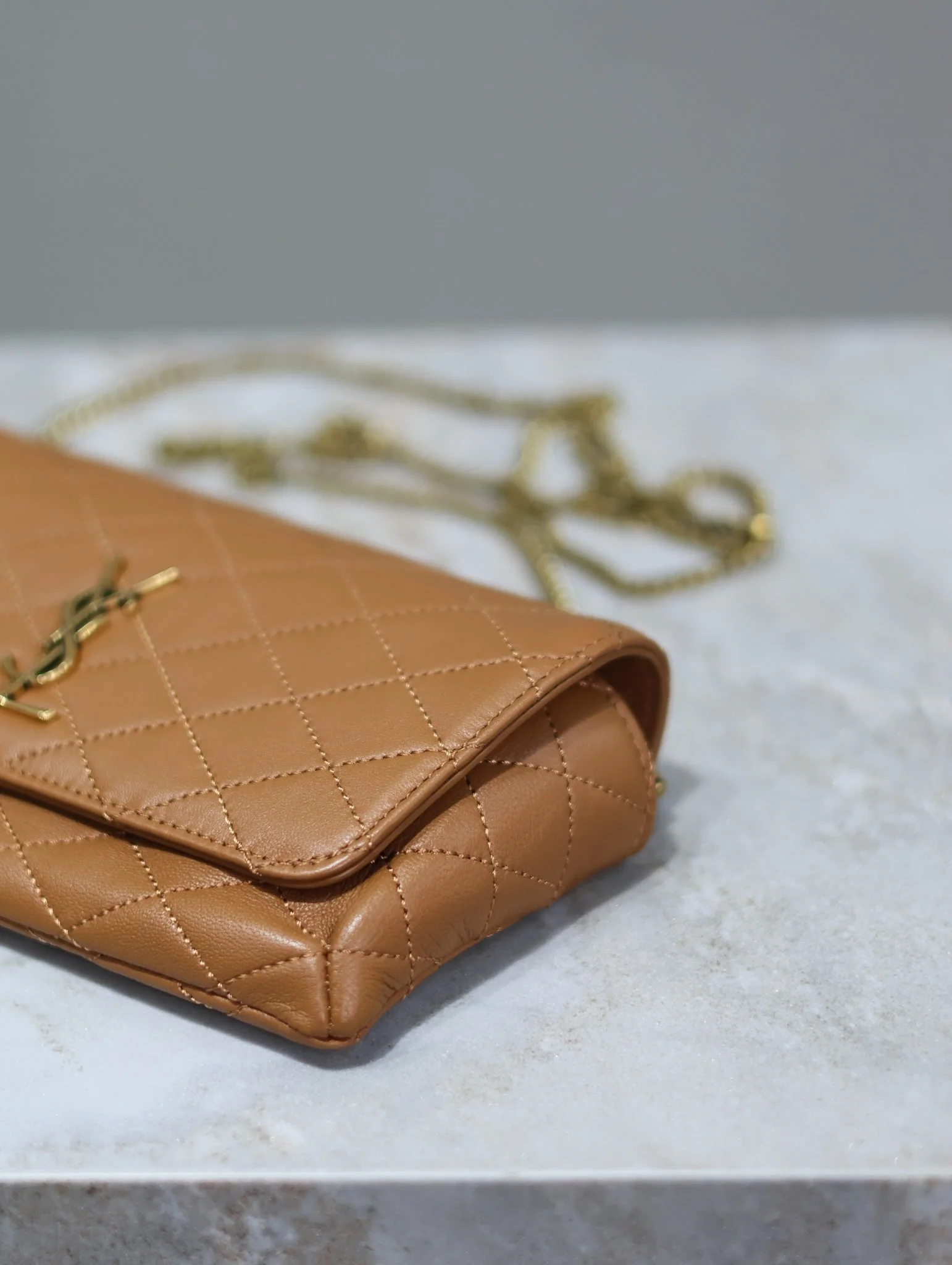 Saint Laurent YSL Gaby Phone Bag 19cm Light Brown Quilted Leather GHW