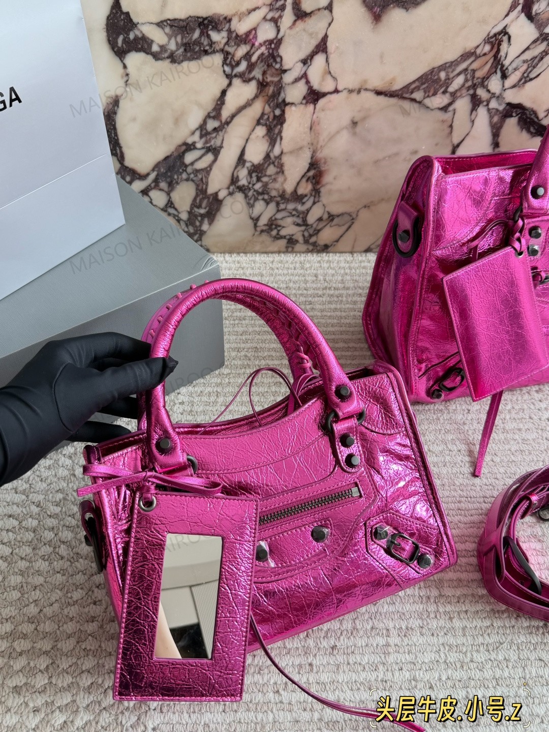 Balenciaga Le City Metallic Fuchsia Cracked Leather Studded Mirror Charm Braided Top Handle Bag - KAIROO