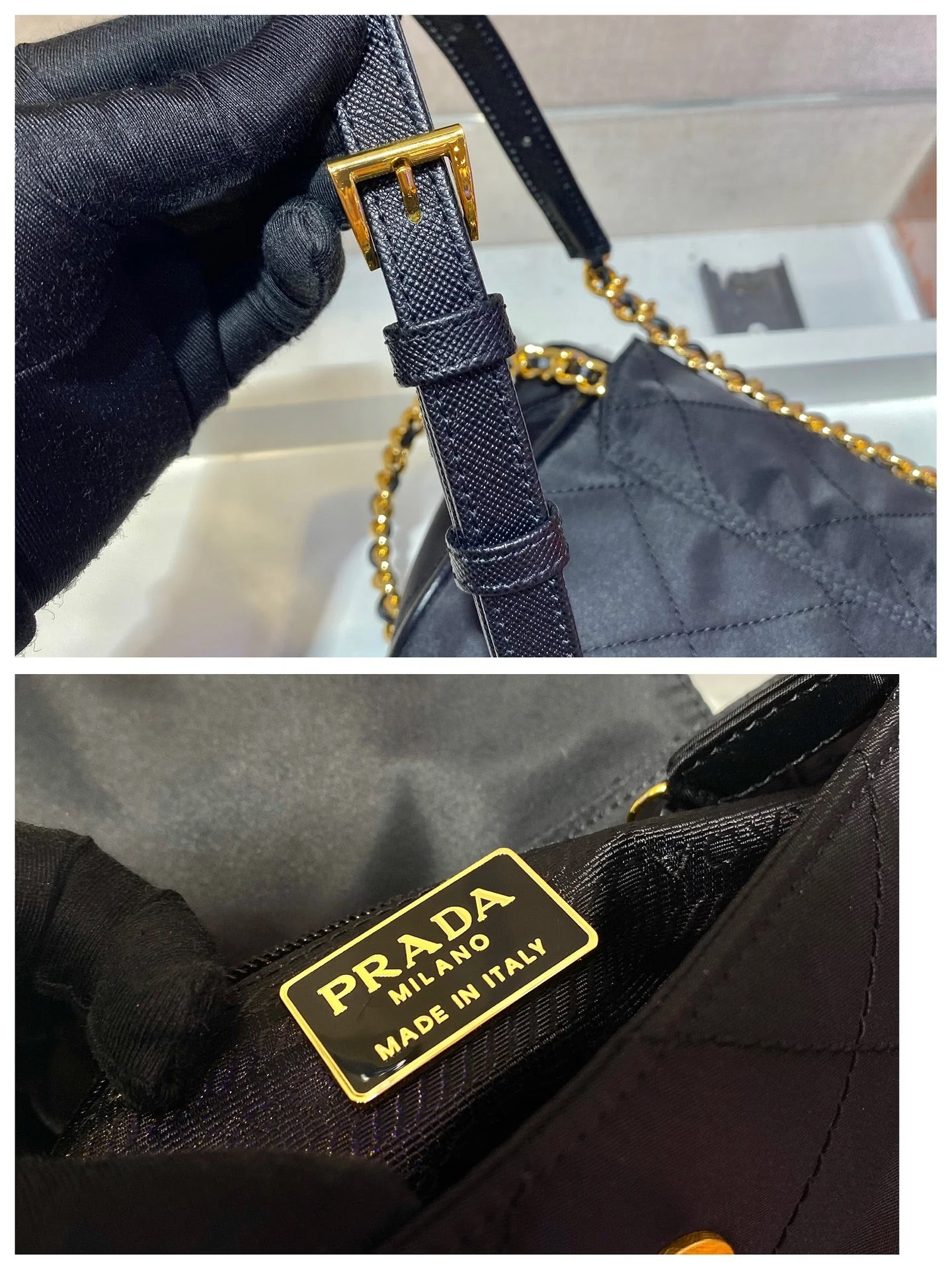 Prada SMALL QUILTED FLAP BAG 18 IN BLACK RE-NYLON FABRIC GOLD CHAIN