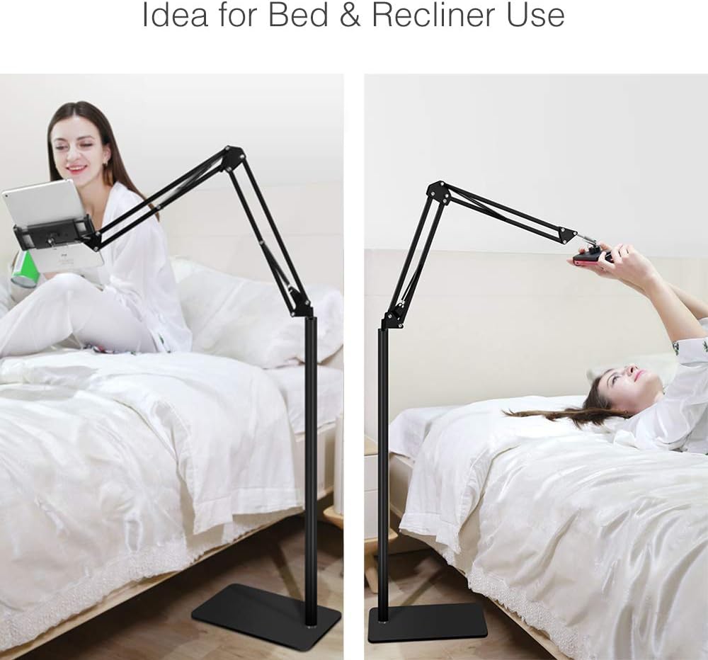 Tablet Floor Stand with 5LB Metal Base, Overhead Bed Phone Stand Angle Height Adjustable Holder, Universal Floor Stand Compatible with iPhone iPad Pro Air Mini, Samsung Tab, Kindle, E-Readers…