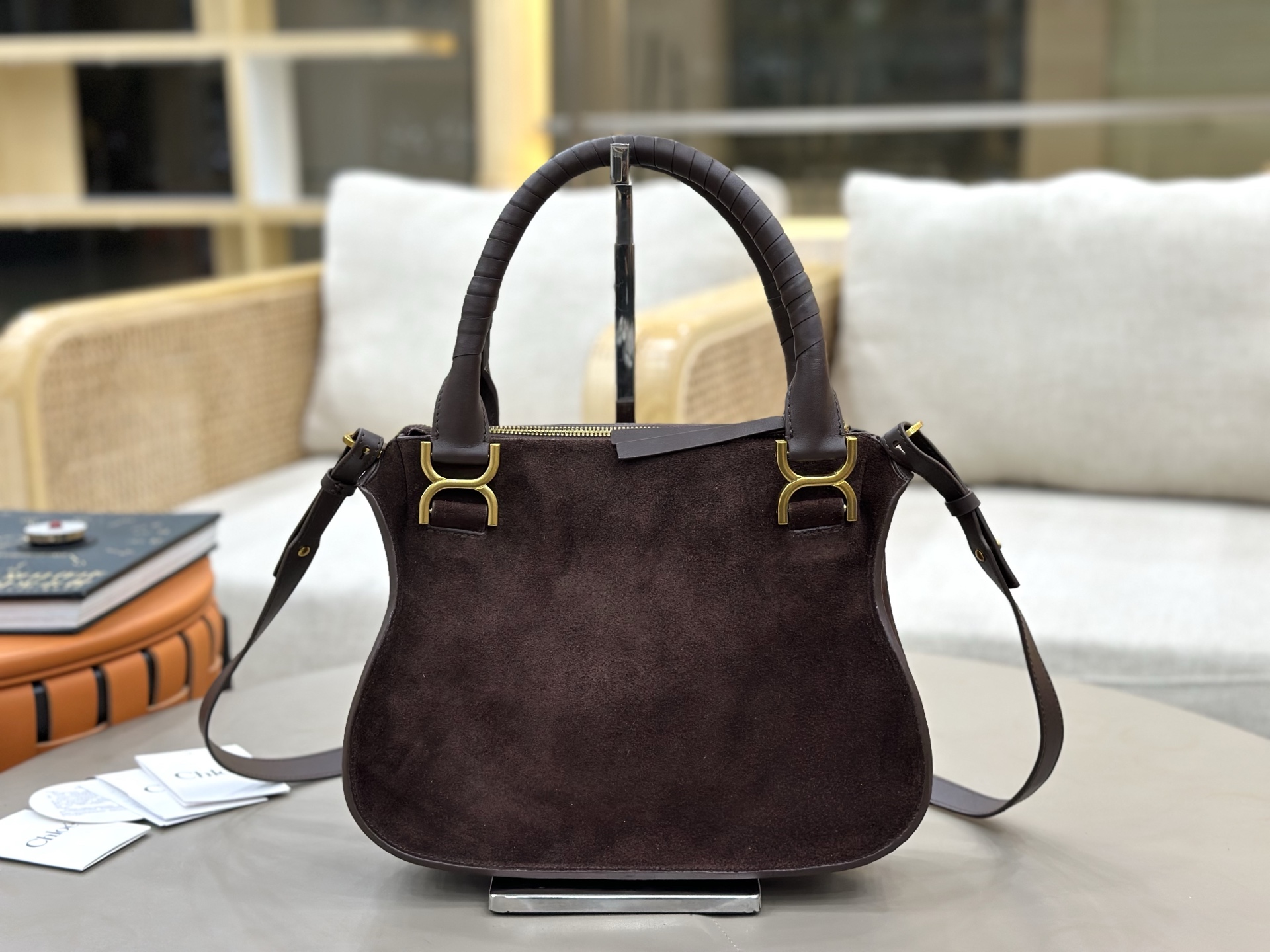 Chloe Small Marcie Bag in Suede Leather-Choclate
