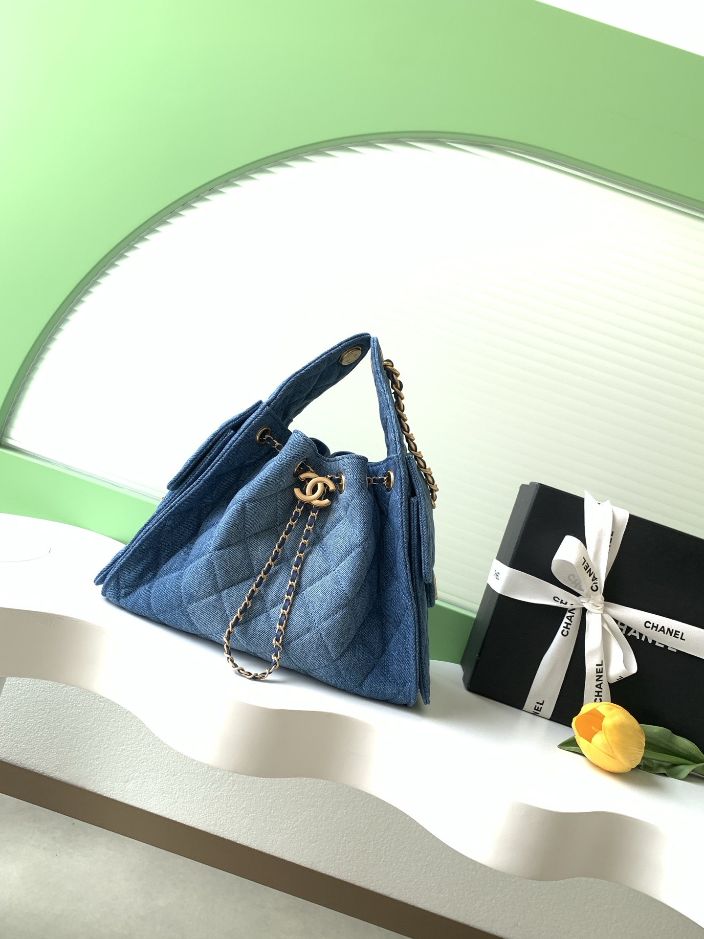 Chanel 25 Small Hobo Bag in Blue Denim Gold-Tone metal