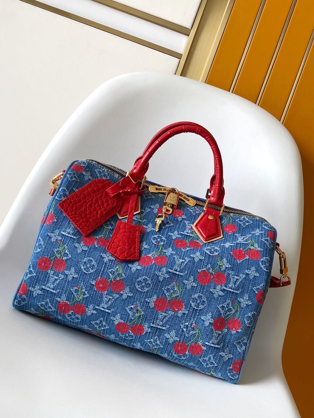 Louis Vuitton LV Speedy Bandoulière Denim Monogram Cherry HandbagNew Denim Cherry Bag