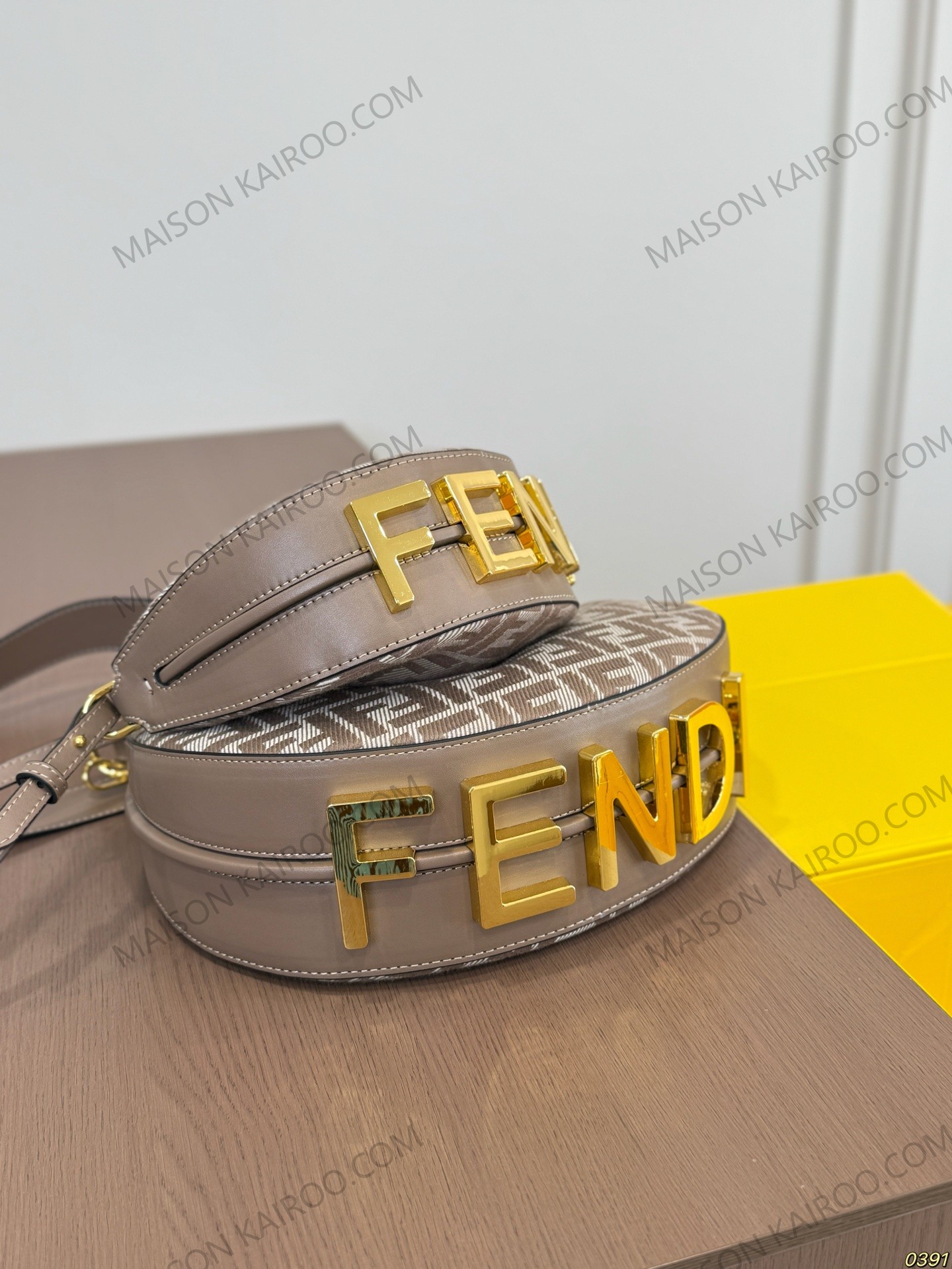 Fendi Fendigraphy FF Mini/Small Beige Jacquard Crescent Hobo Bottom Gold Lettering Logo Shoulder Bag - KAIROO
