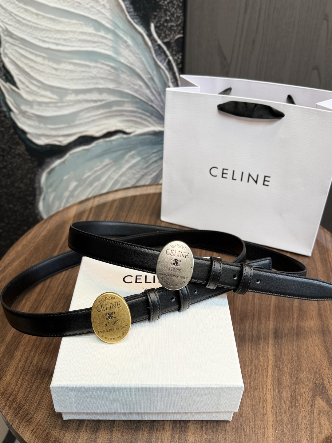 Celine Coin Round Vintage Medallion Buckle Smooth Leather Skinny Belt - KAIROO