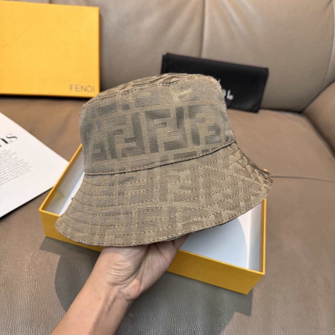 Fendi Sand Round Crown FF Monogram Jacquard Canvas Streetwear Bucket Hat - KAIROO