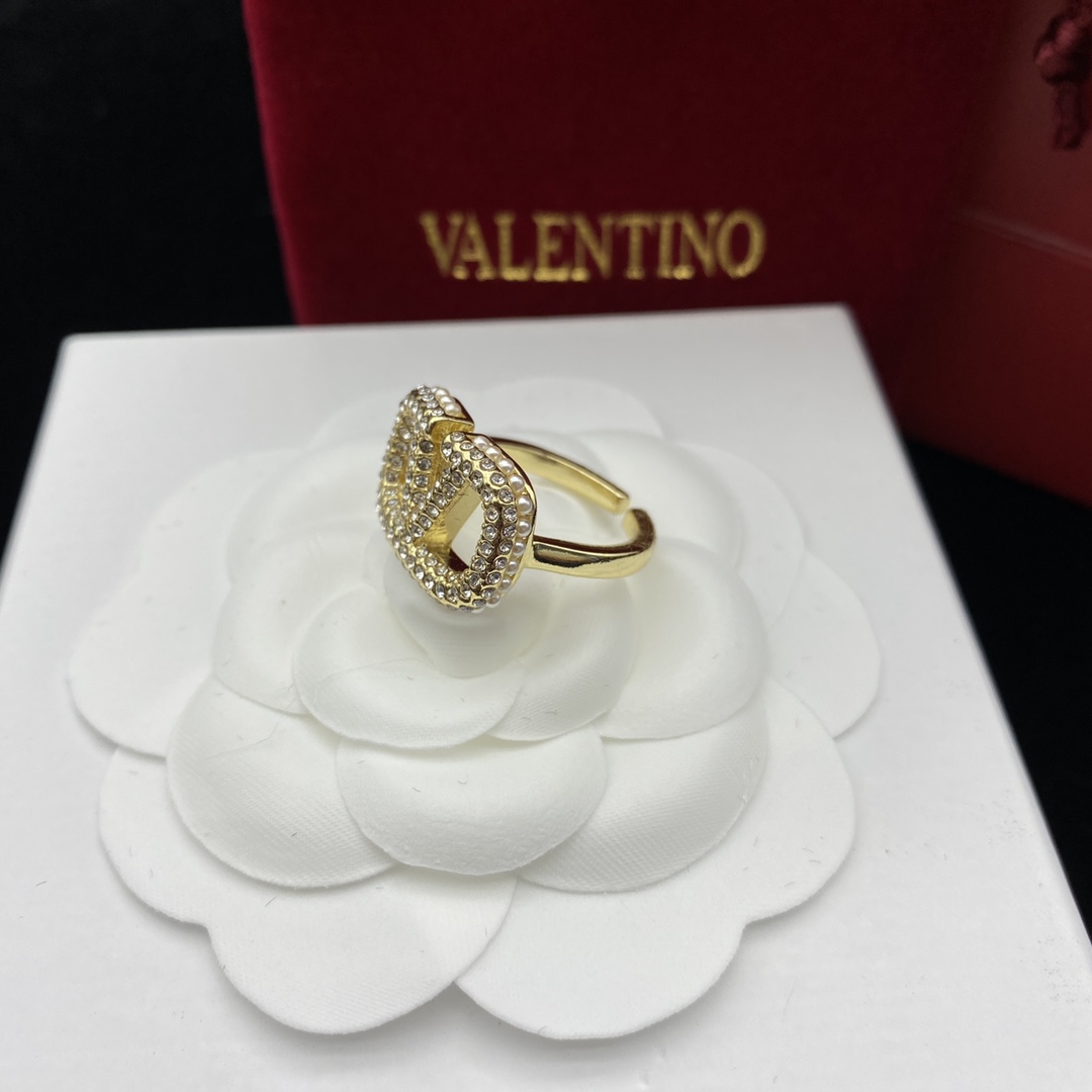 Valentino VLogo Signature Crystal Pearl Pave Gold Finish Open-back Ring - KAIROO