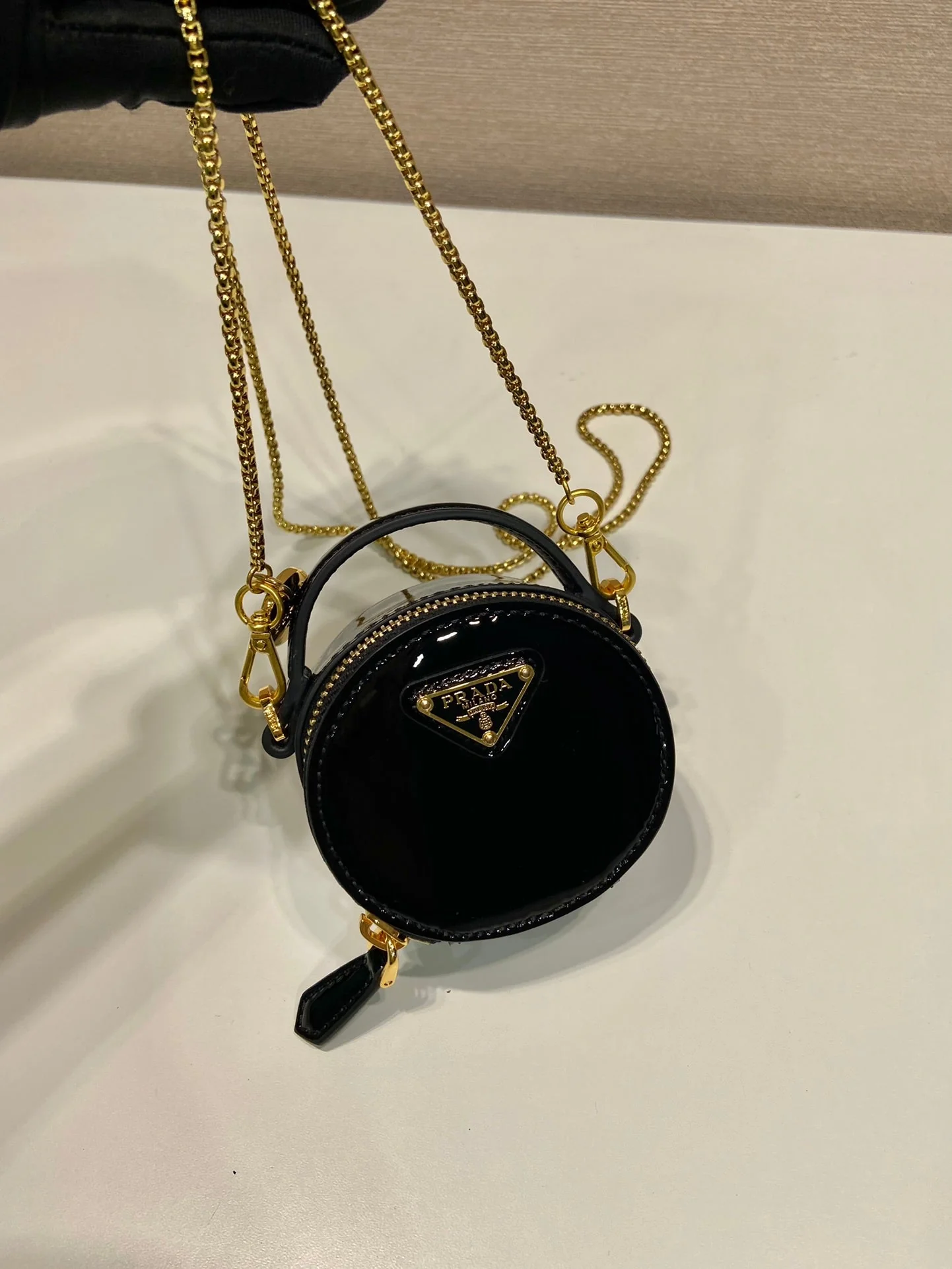 Prada MINI ROUND BAG 8 IN BLACK GLOSSY CALFSKIN GOLD HARDWARE