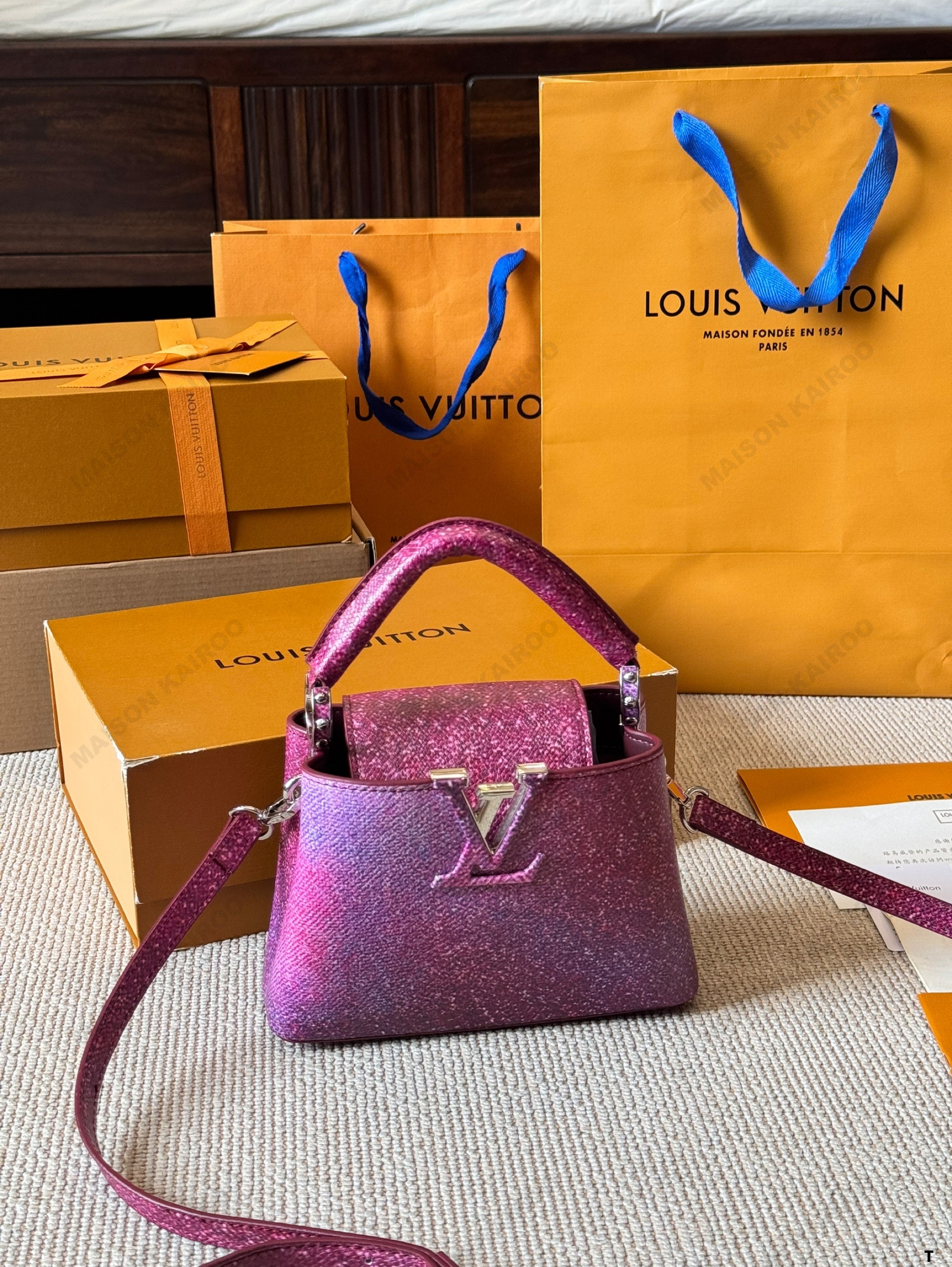 Louis Vuitton LV Capucines BB & Mini Fuchsia Pink Metallic Glitter Taurillon Leather Top Handle Bag - KAIROO