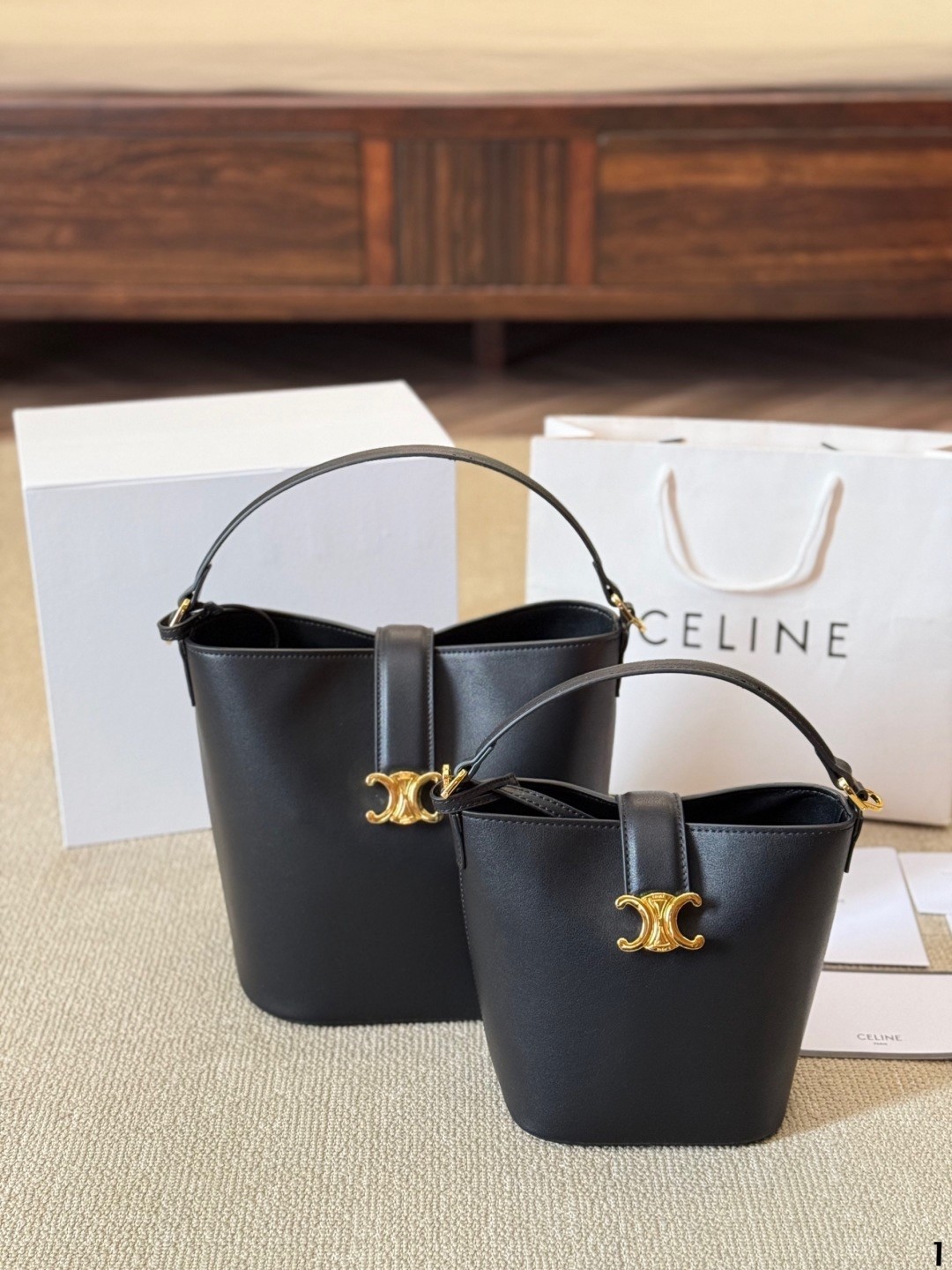 Celine Black Leather Gold Triomphe Buckle Lock Adjustable Strap Bucket Bag - KAIROO