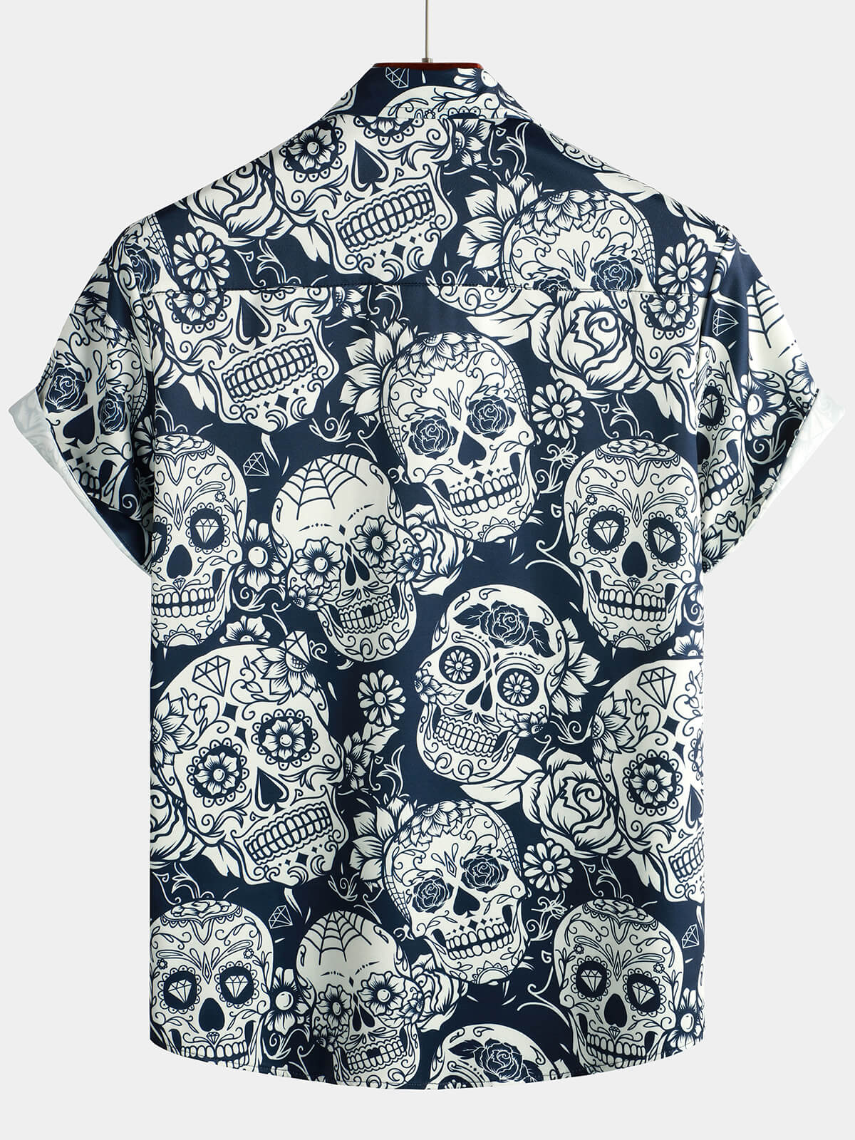 Men's Funny Sugar Skull Floral Print Hawaiian Button-Up Short Sleeve Shirt