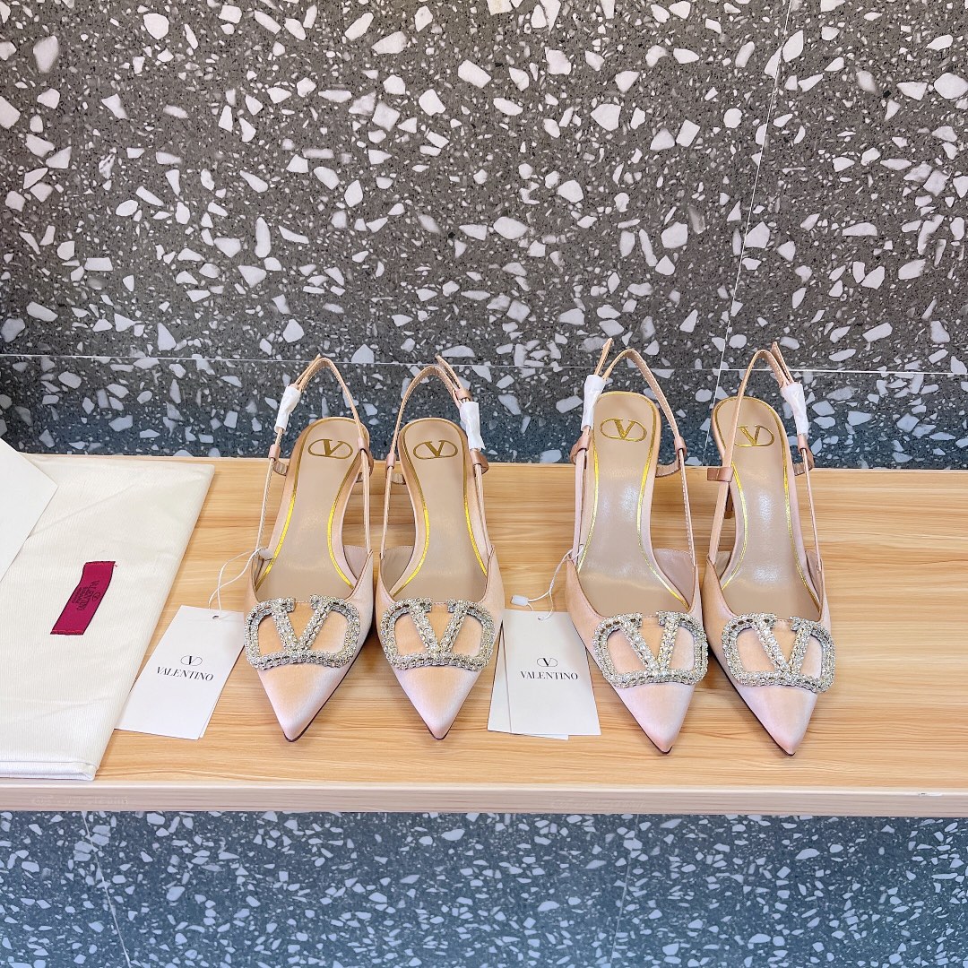 Valentino Garavani Nude Pointed Toe Crystal VLogo Satin Slingback Heels - KAIROO