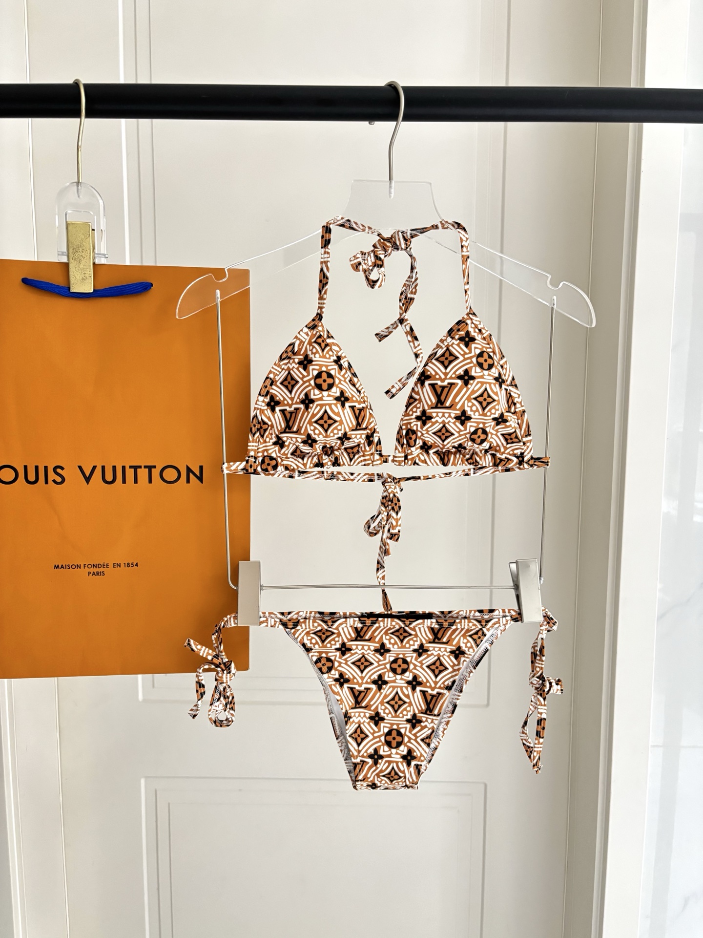 Louis Vuitton LV  Caramel Monogram Tile Print Tie Strap Triangle Bikini Two-Piece Swimsuit - KAIROO