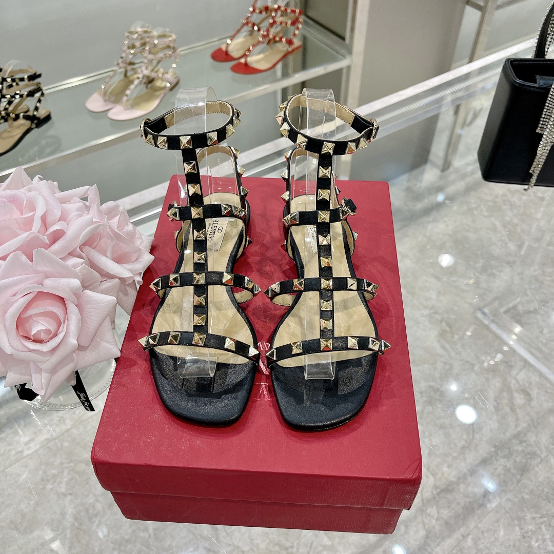 Valentino Rockstud Black Leather Cage Triple Buckle Multi-Strap Studded Flat Sandals - KAIROO