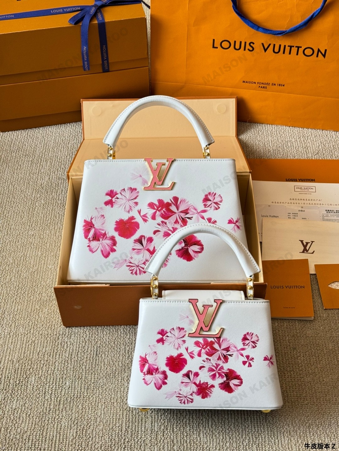 Louis Vuitton LV Capucines BB/Mini White Fuchsia Floral Print Taurillon Leather Enamel Logo Top Handle Bag - KAIROO