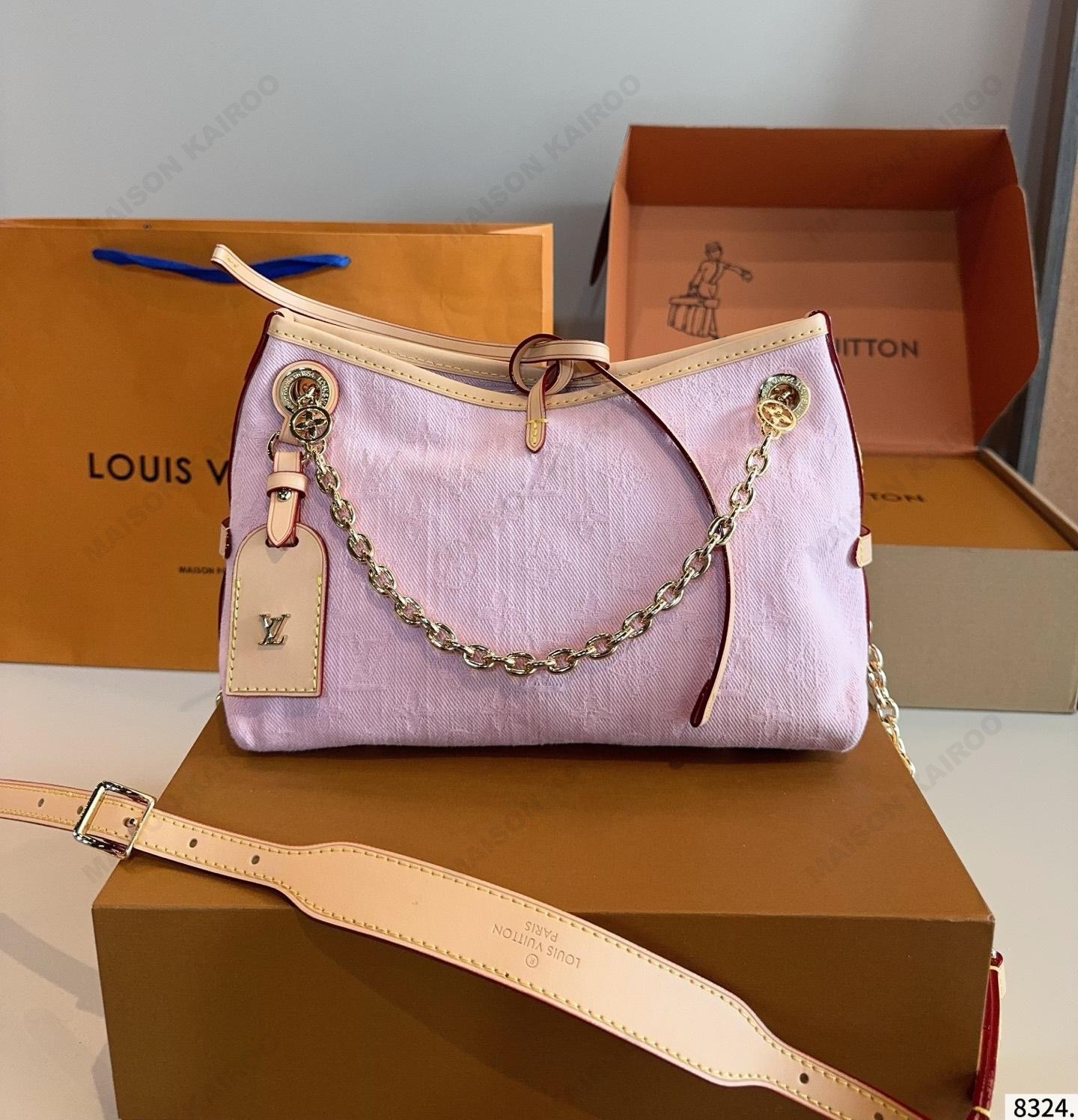 Louis Vuitton LV Carryall BB/PM/MM Pastel Pink Denim Bow Vachetta Leather Hobo Tote Shoulder Bag - KAIROO