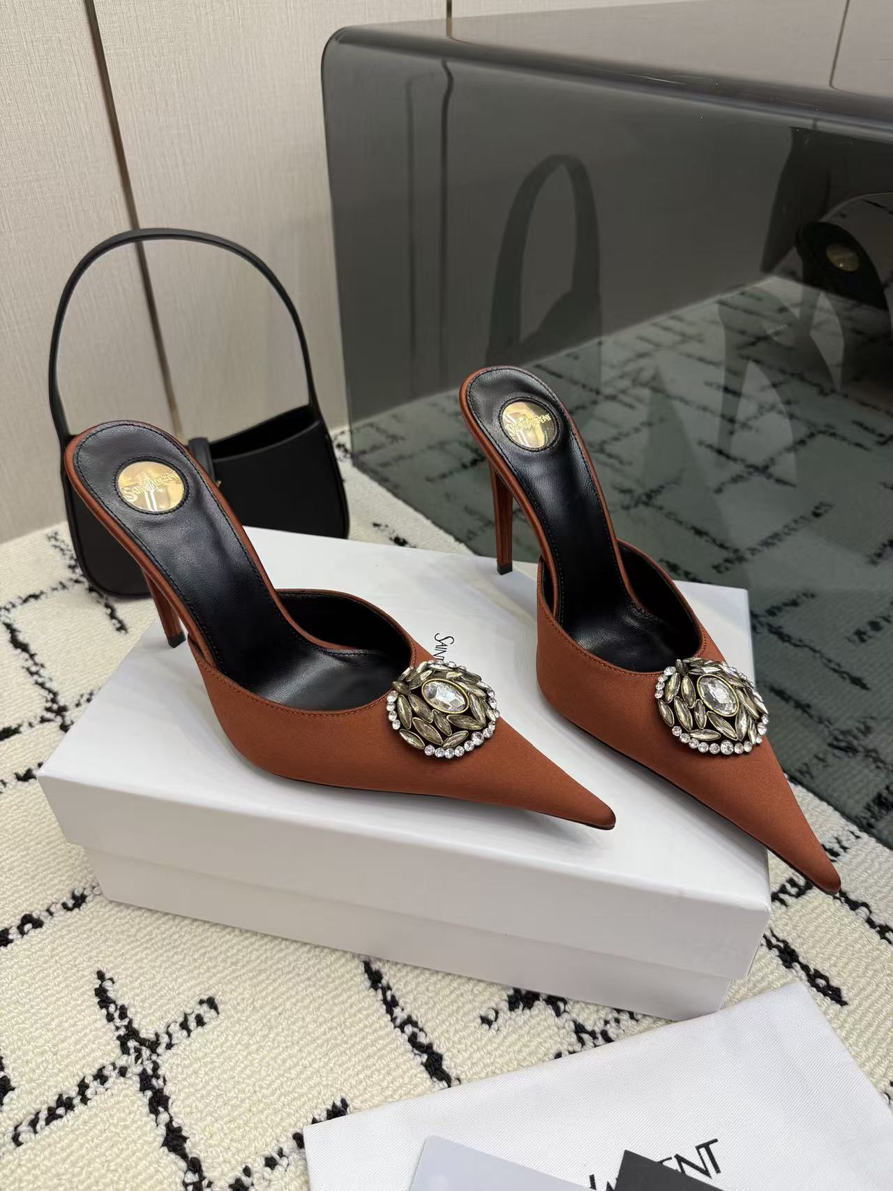 Saint Laurent YSL Amber Brown Pointed Toe Satin Crystal Brooch Stiletto Heel Mules Sandals - KAIROO