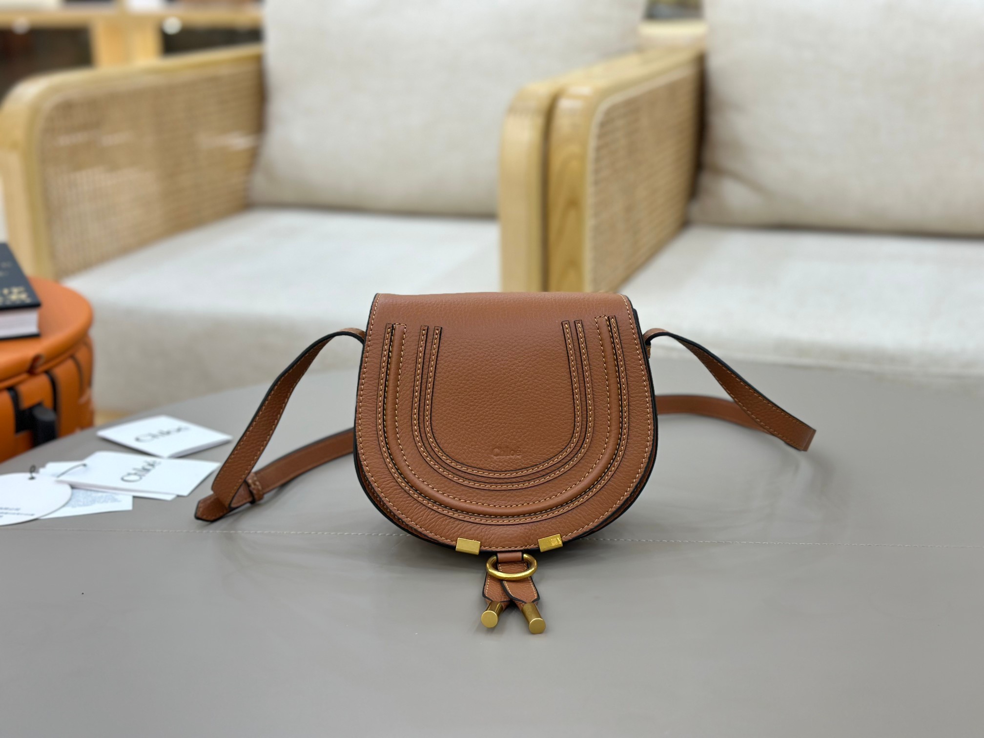 Chloe Small Marcie Saddle Bag in Grained Calfskin-Tan