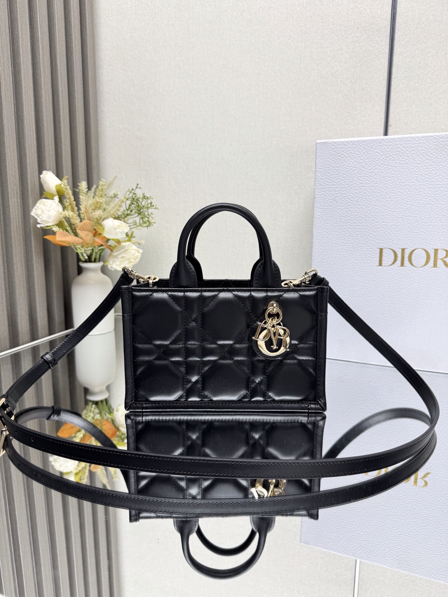 Dior Mini Black Leather Book Tote with shoulder strap