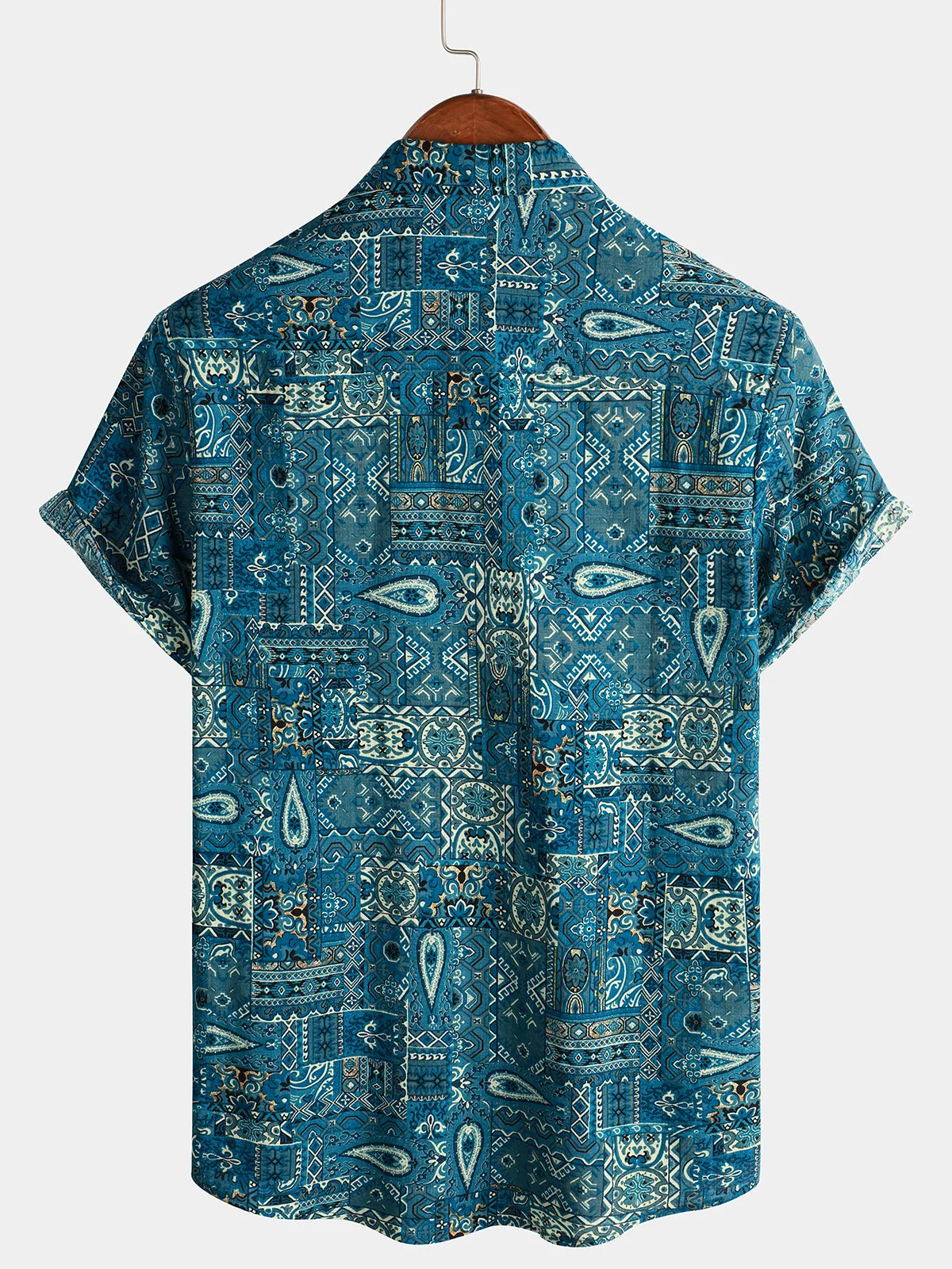 Men's Retro Blue Button-Up Short Sleeve Shirt