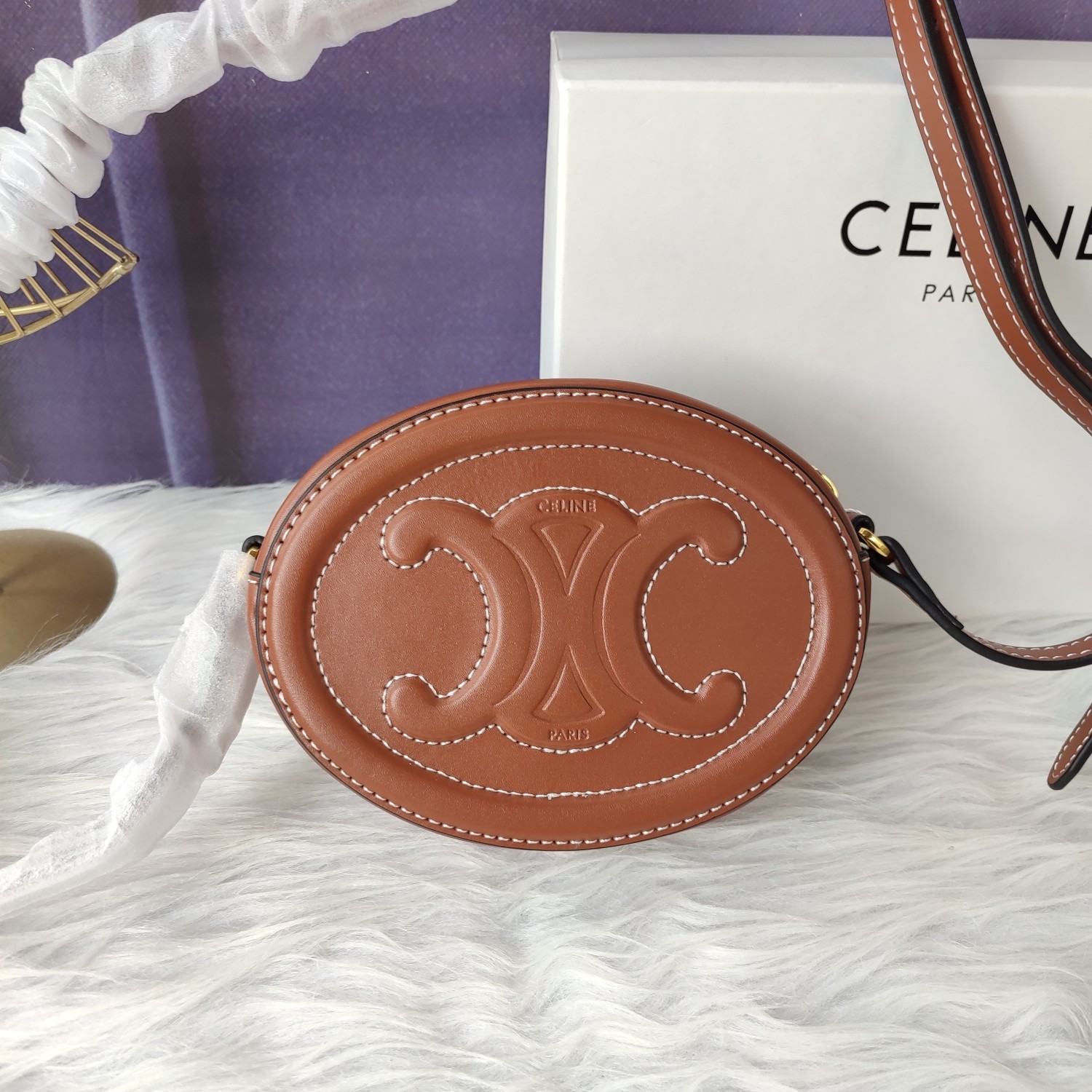 Celine Cuir Triomphe Embossed Logo Smooth Calfskin Oval Crossbody Egg Bag - KAIROO