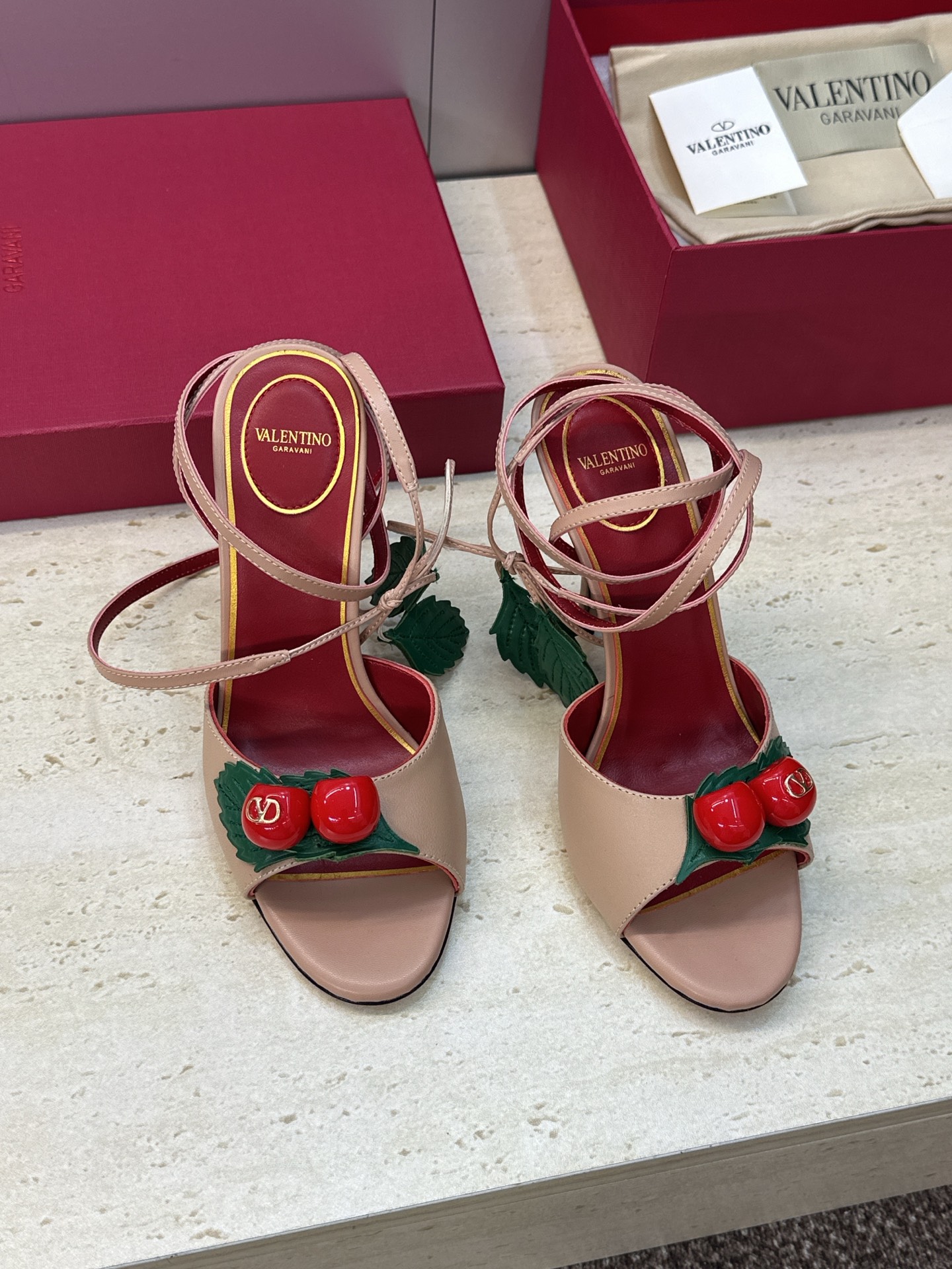 Valentino Garavani Nude 3D Cherry Leather Leaf Charm Metallic Leather Stiletto Toe Heel Sandals - KAIROO