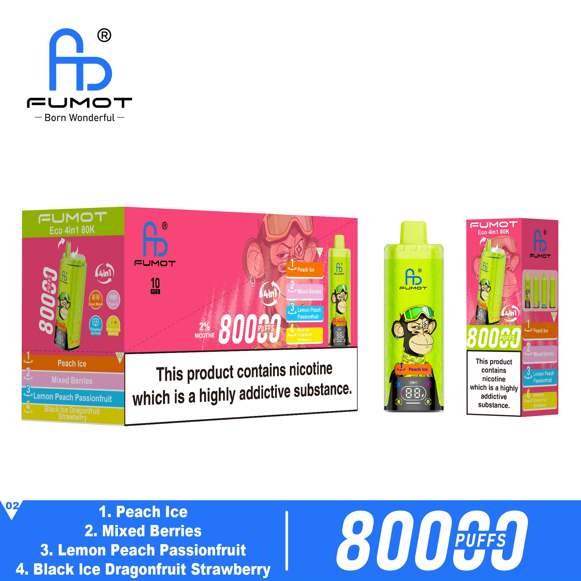 FUMOT 80K 4in1-Peach Ice&Mixed Berries&Lemon Peach Passionfruit&Black Ice Dragonfruit Strawberry - Vaba Vape-Shop