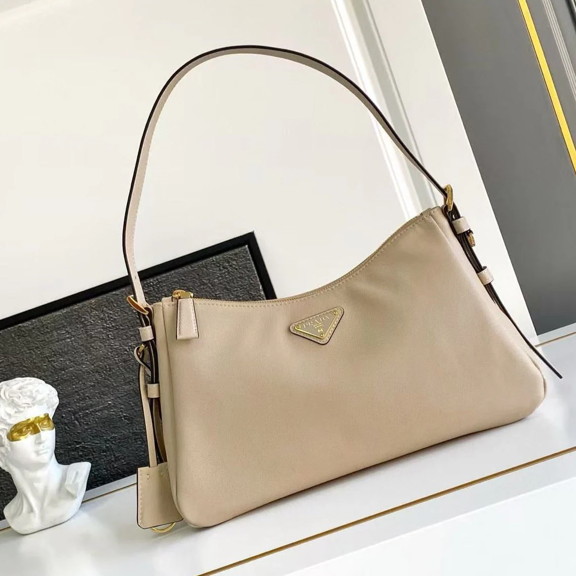 Prada Aimee Underarm Bag 31cm beige Calfskin