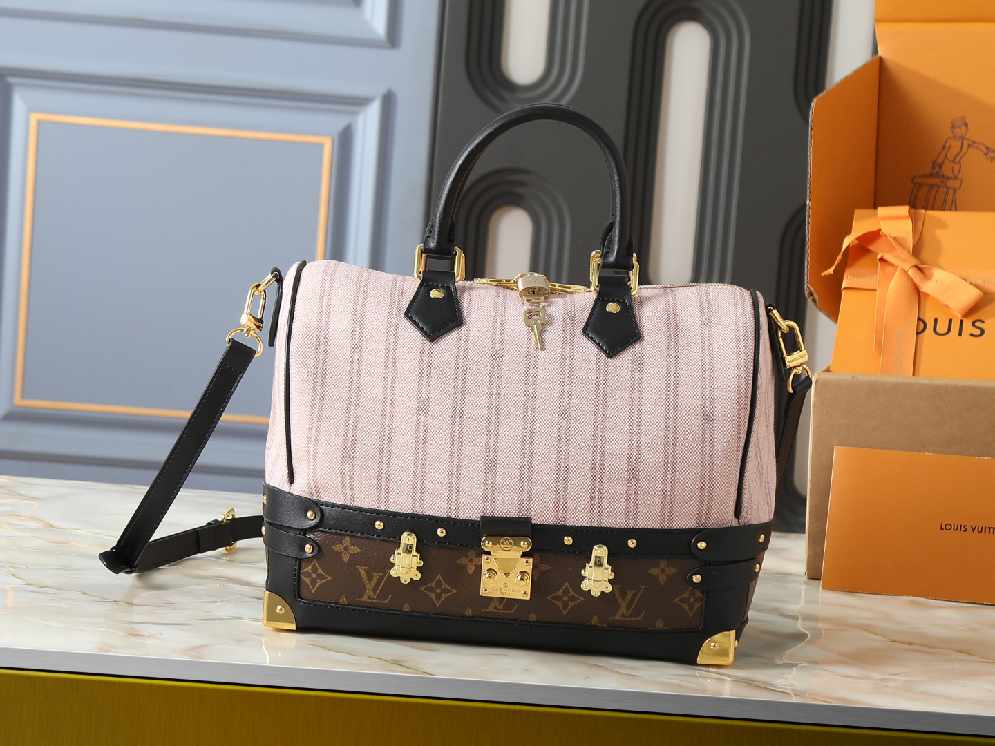 Louis Vuitton LV Speedy Bandoulière 22/30 Out Of The Trunk Pink Stripe Canvas With Monogram Trunk Bottom Handbag - KAIROO