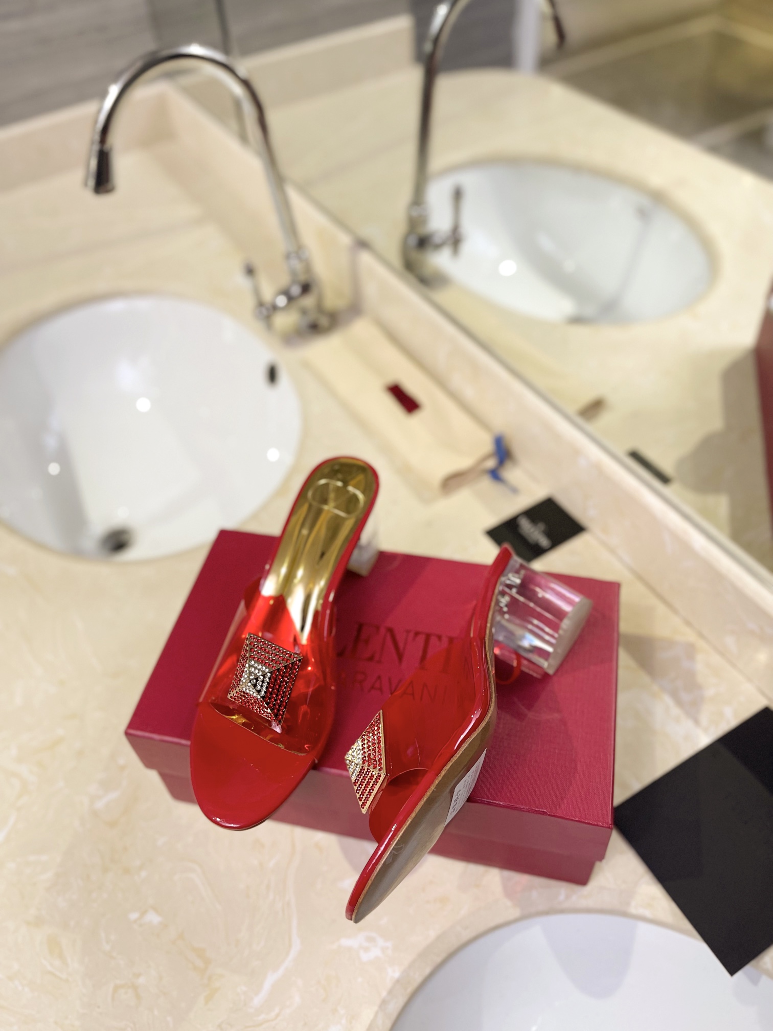 Valentino Rockstud Spike Red Leather Insole Square Crystal Stud Clear PVC Strap Block Slip-on Mules Heels - KAIROO